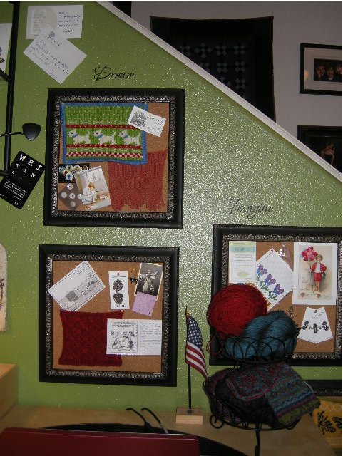  One large cork board wouldn't fit the triangular stair wall, so I improvised this set of four small ones from craft-store cork squares and bargain-bin frames. My sister added the words "Dream", "Imagine" and "Believe" to my cork board arrangement as a special message. 