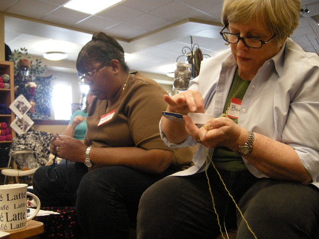 Robyn and Bonnie cast on and swatch, respectively. 