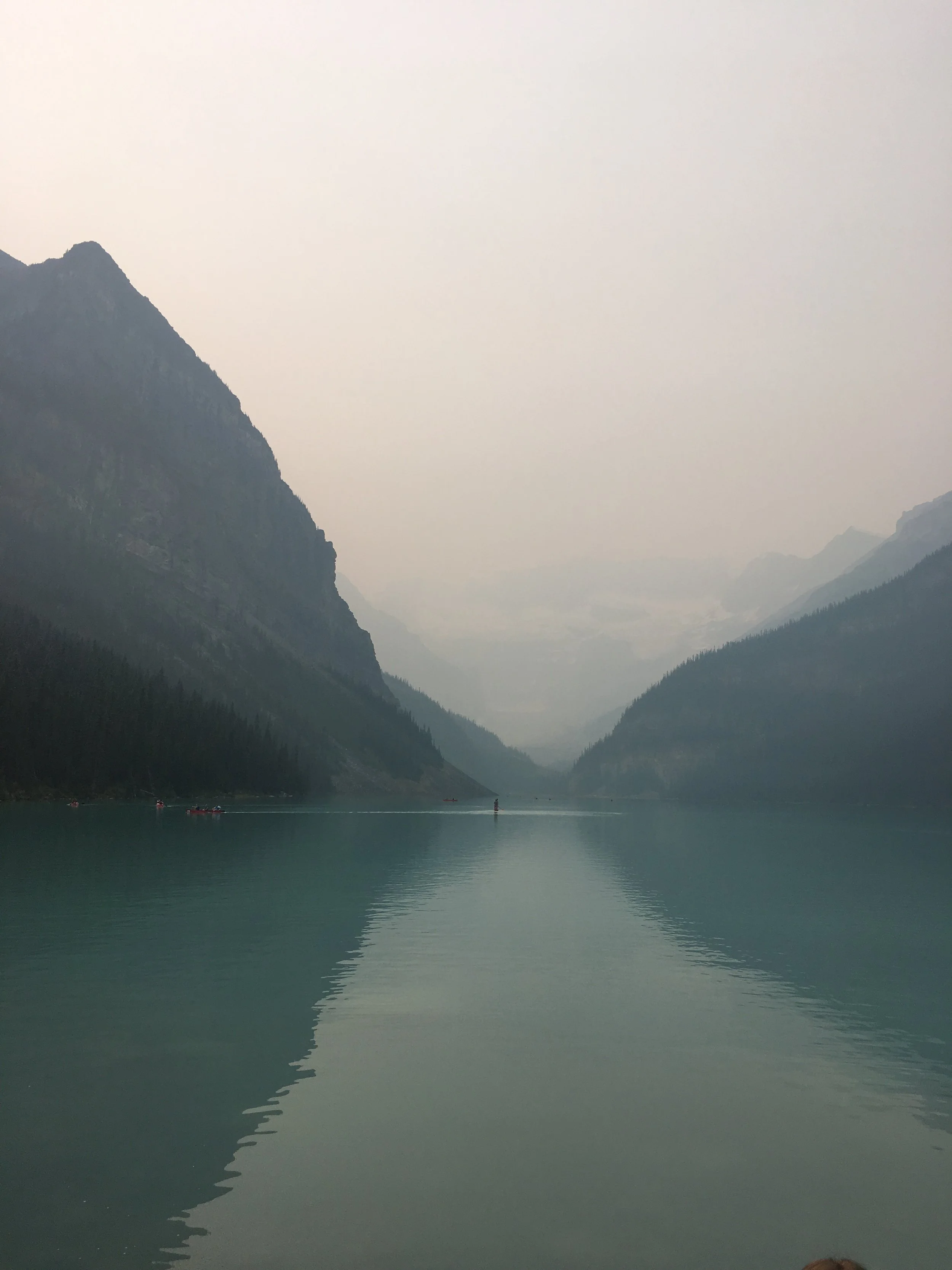 Lake Louise in Banff. &nbsp;The peaks and glacier are obscured by the wildfire smoke.