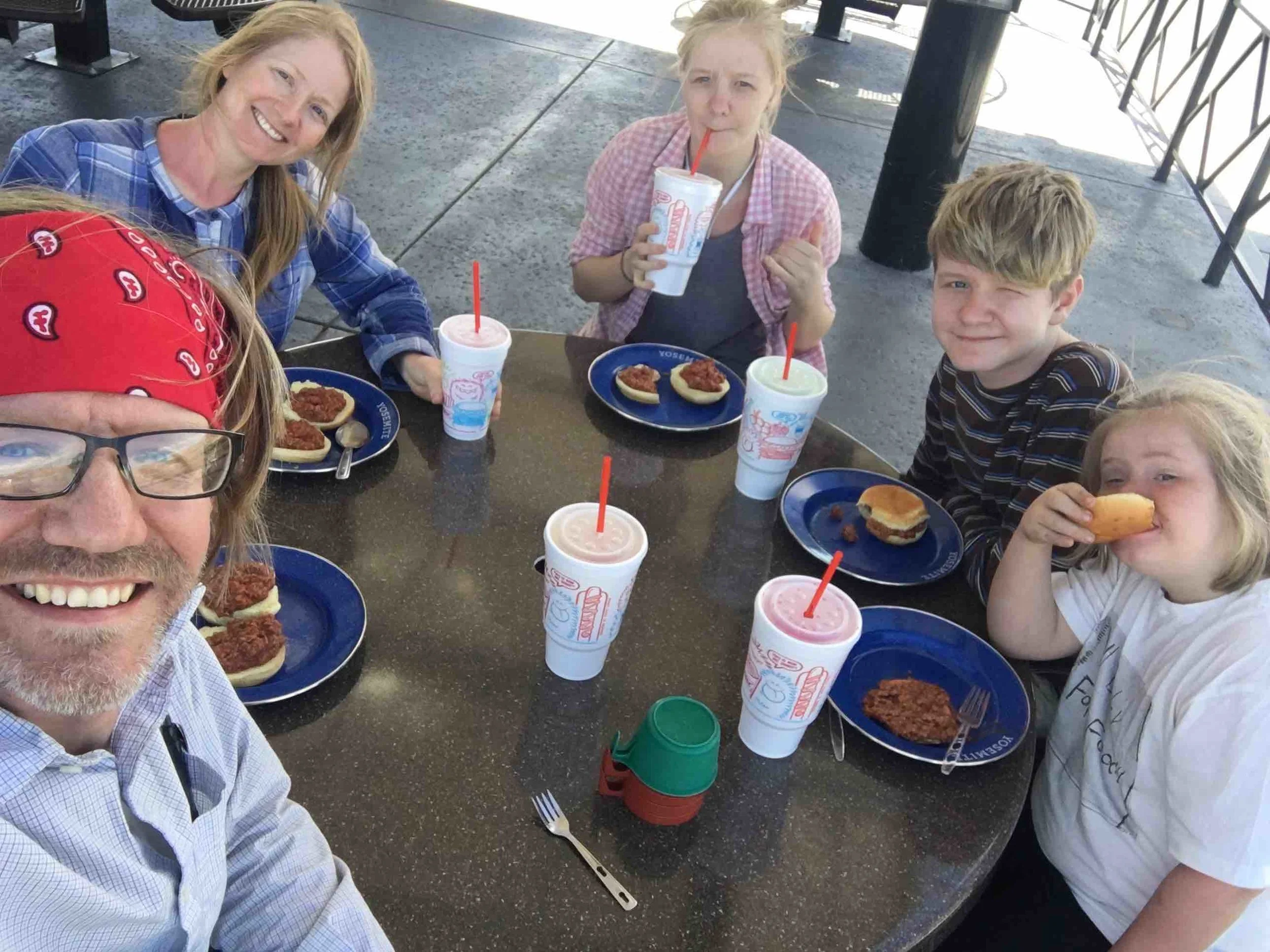 After a couple hot days in the sun, we discovered Sonic's slushy menu. (But we brought our own sloppy Joes : )