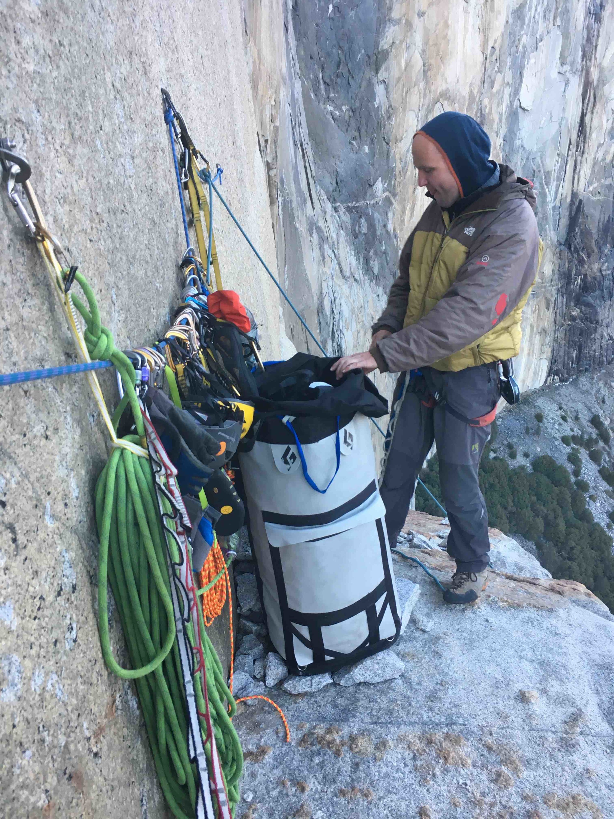  El Cap Tower. Check out the haul bag. Can you see the matador with the funny face wearing underwear? 