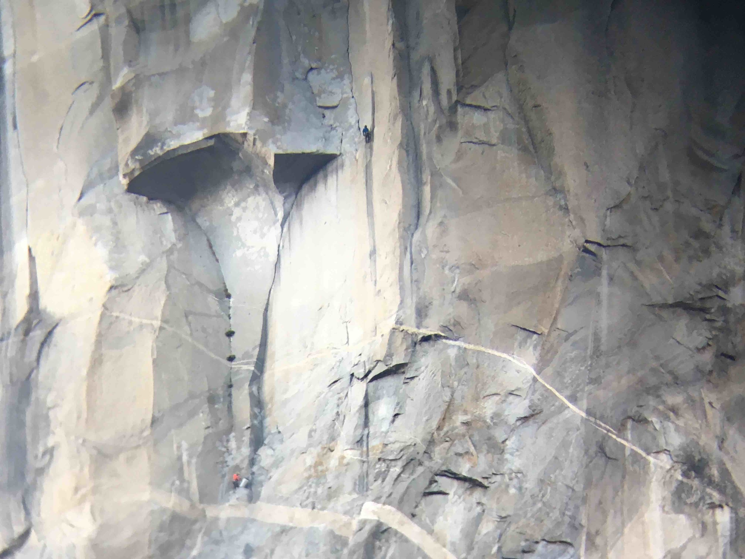  The Great Roof.  Erik (blue) at the belay above and Josh (red) at the belay below. 