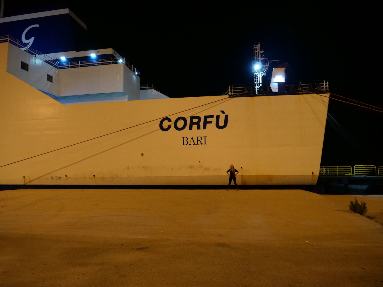 Alison in front of our ferry, the Corfu, bound for Brindisi, Italy.