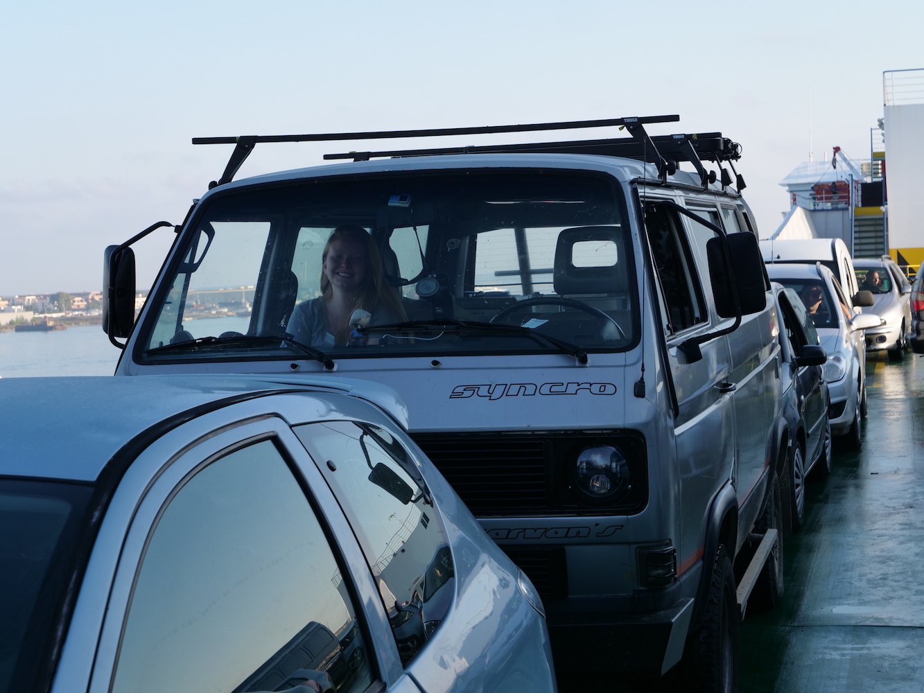  The van packed in on the top deck of the ferry. 