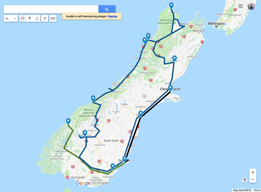 Our route around the South Island of New Zealand.