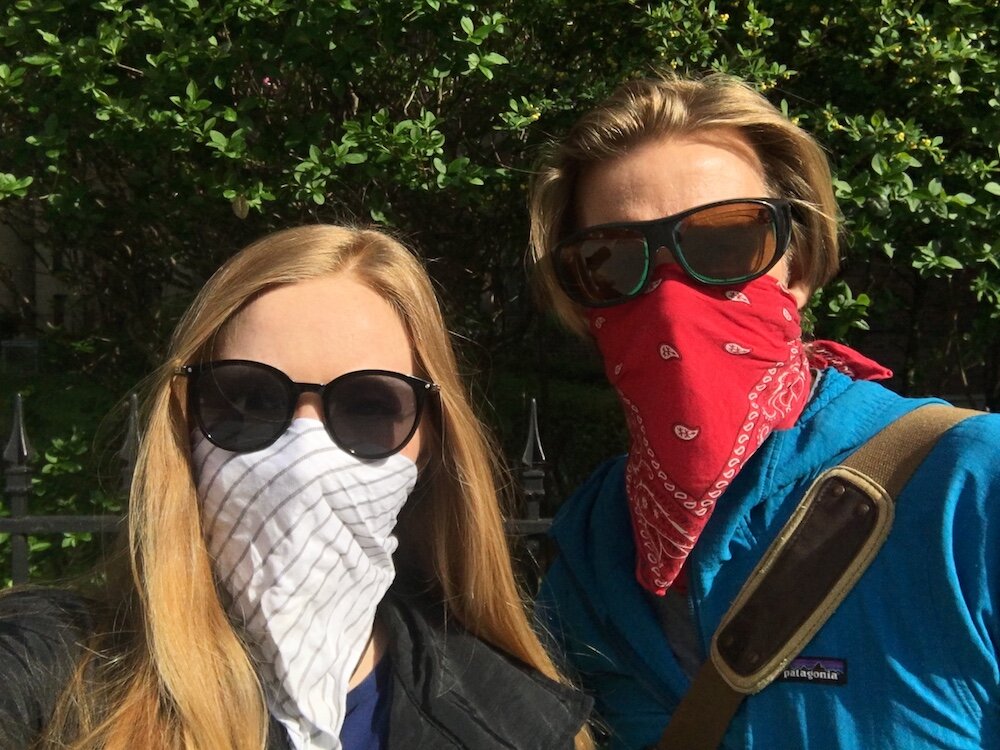 Alison and Erik NYC April 2020 responsible citizens on their way to the bank enjoying the irony that they look more like they’re going to rob the bank than make a deposit.