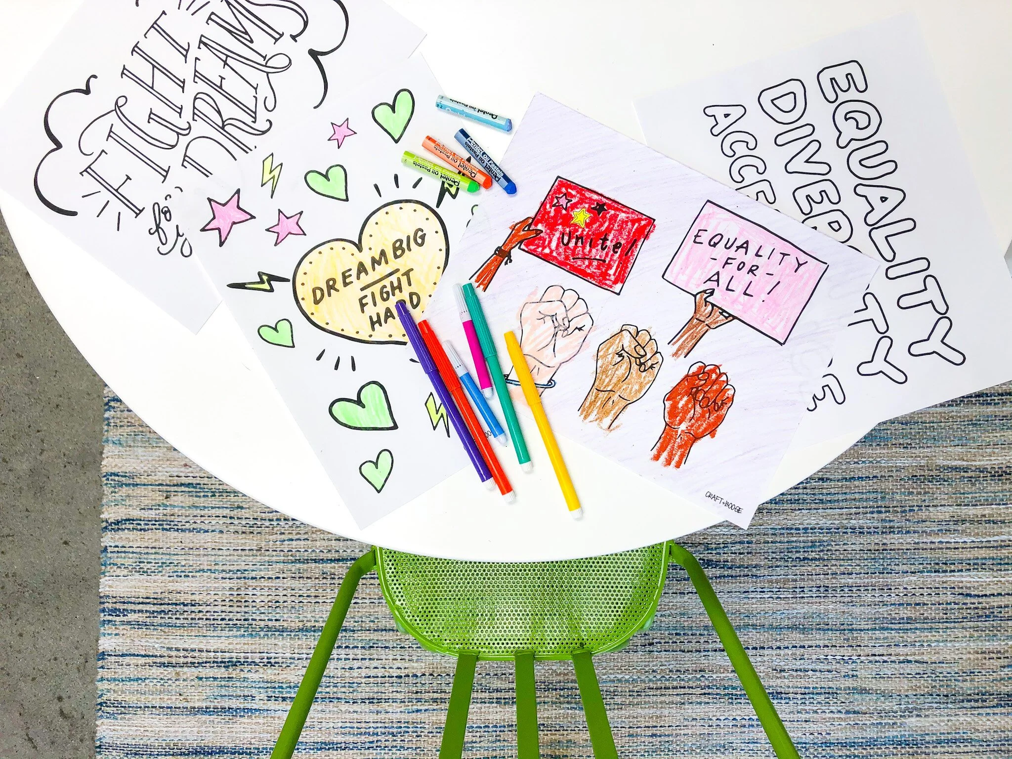 Hand-drawn coloring pages for Craft + Boogie's craft kit subscribers
