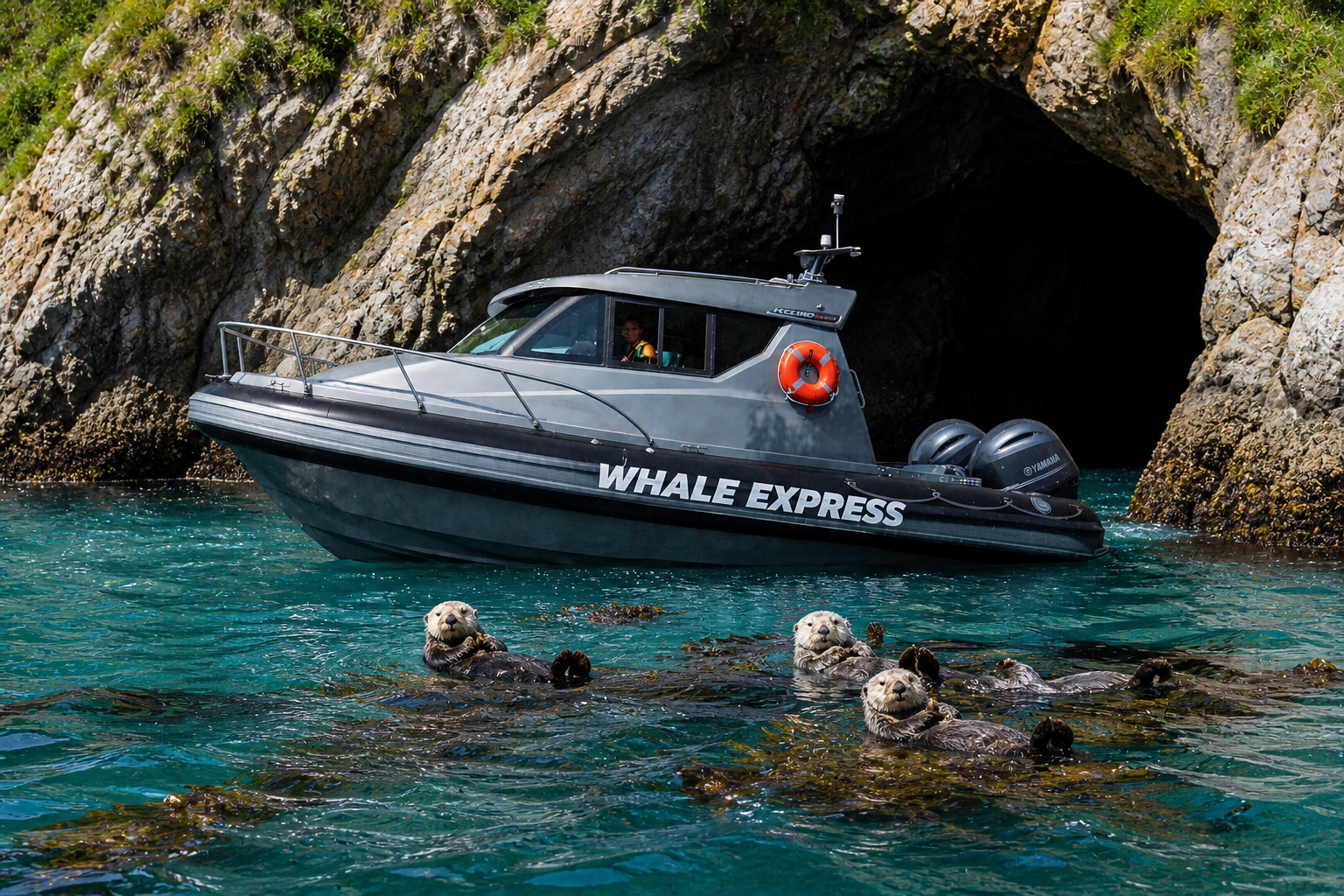 A boat named Whale Express moving in water near rocks with three sea otters swimming nearby and a person inside the boat.
