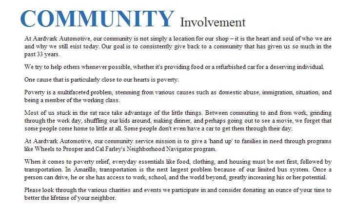 Aardvark Automotive - Community Involvement