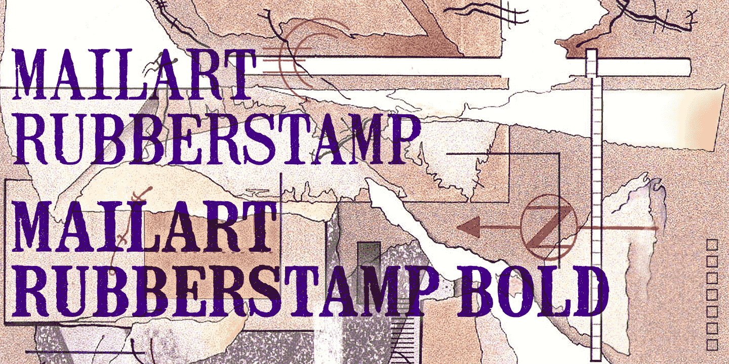 K-Type's Mailart Rubberstamp now has an additional Bold weight and complimentary Obliques. The typeface has also been updated with subtle outline improvements, a bigger repertoire of European accented characters, and more consistent, slightly tighter spacing; increase the tracking to recreate the more relaxed, rustic appearance of the earlier version. The fonts are derived from the individually rubber-stamped letters on printed and collaged envelopes received from mailartists, and the typeface Clarendon Condensed.