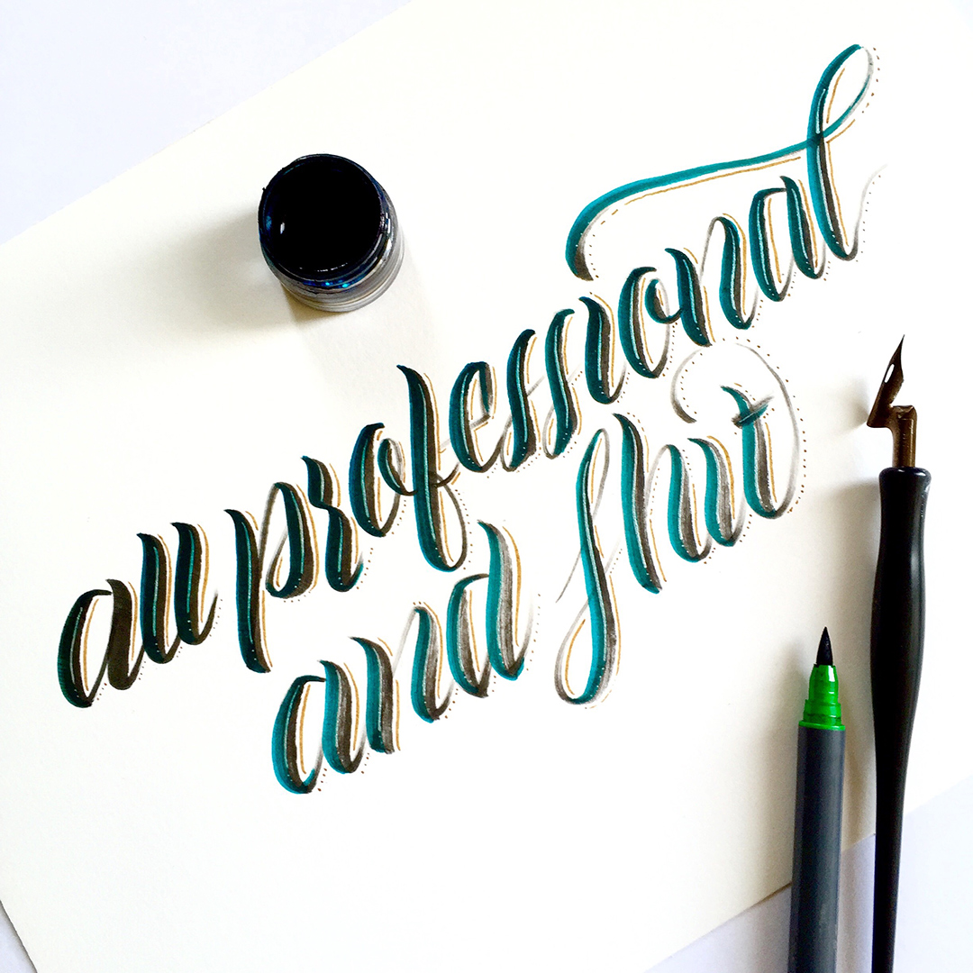 Post number #17: “All professional and shit” contribution thanks to my studio buddy and great photographer Peter Tarasiuk . Fraktur calligraphy using a Pilot parallel pen. Brush calligraphy using a Daiso brush pen.