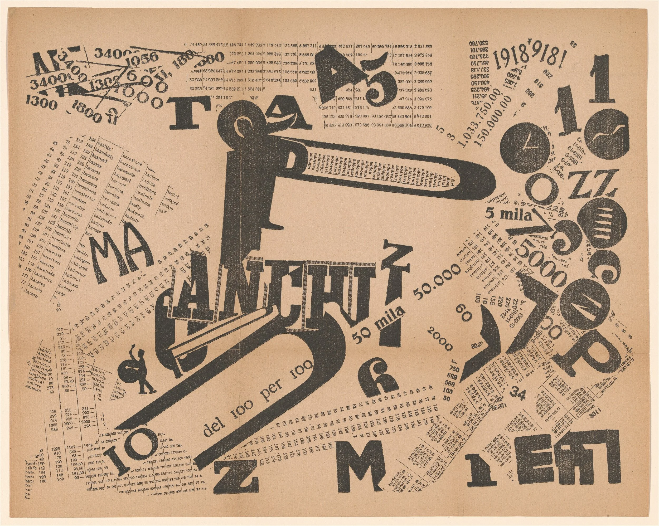 A Tumultuous Assembly: Numerical Sensibility is an example of tavole parolibere (free-word pictures). In this print, the subject of which is Italy’s victory in World War I, Marinetti drew from visual collage and parole in libertà (words-in-freedom) and eschewed regulations of grammar and syntax to create a work that can be interpreted both visually and aurally. A Tumultuous Assembly: Numerical Sensibility liberates numbers, signs, letters, and images from their functional responsibilities, exaggerates forms, and juxtaposes diverse elements, thereby producing unexpected associations. The Futurists celebrated the potential of war, drawing analogies between weaponry, such as torpedoes and bombs, and Futurist poetry. Here, Marinetti combined innovative typography, found elements (such as the image of the drummer boy on the left and the strips of letters and numbers throughout the composition), and dramatic variations in scale to create a dynamic composition representing a celebrating crowd.
