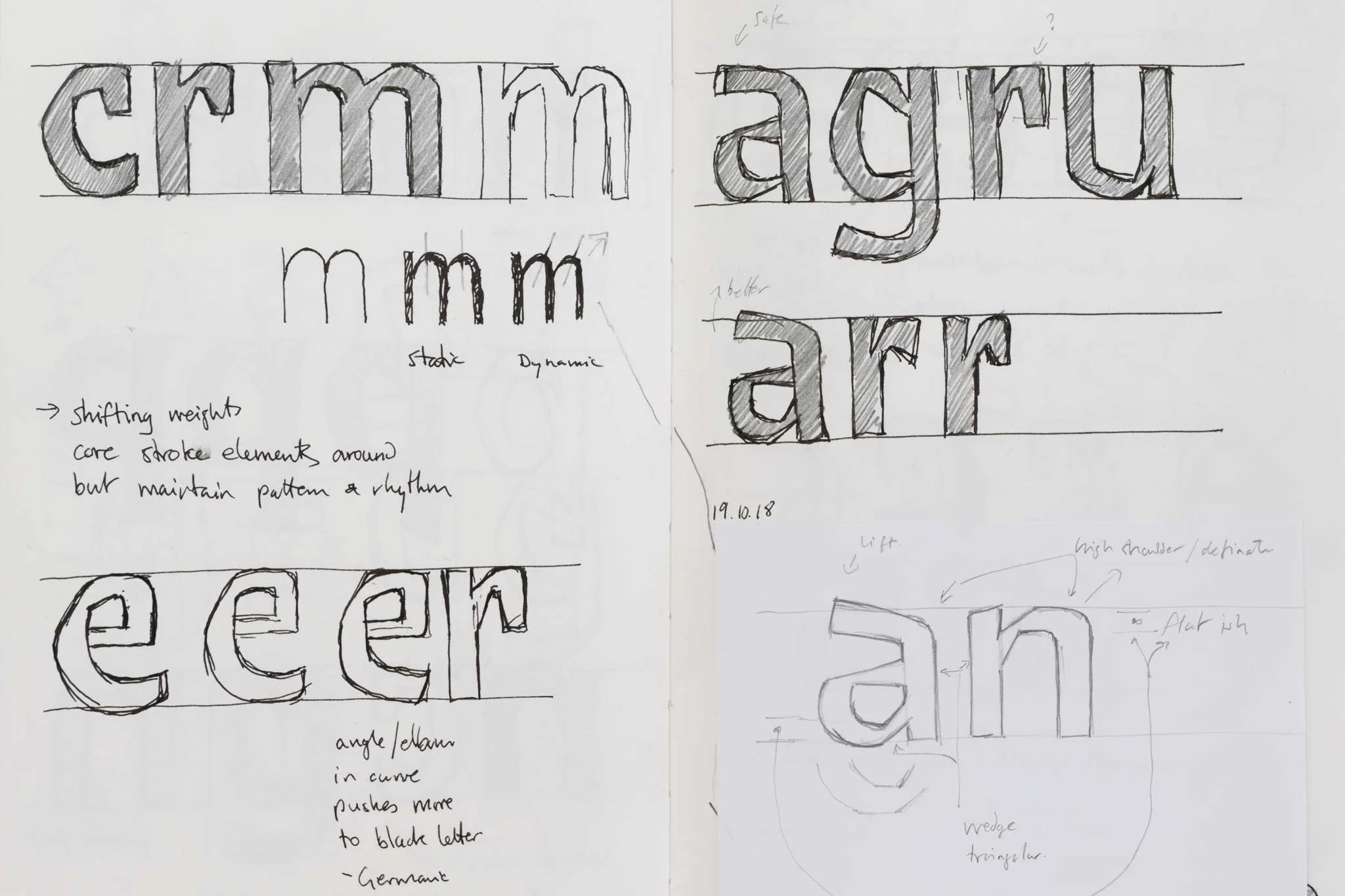 Early sketches for Brucker show the desire to maintain a varied and active line. Initial development moved from the sketchbook to sheets of A4 paper in order to work more quickly. Many letters were more formally finalised in trace drawings. This approach allowed the sketches to retain their natural hand drawn quality and not to expose them too early on to the harshness of an exacting computer outline.