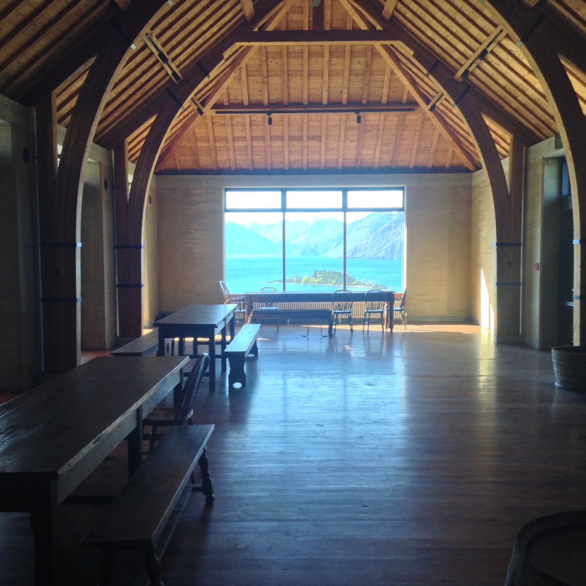Rippon Vineyard's event space, with views out to Ruby Island on Lake Wanaka
