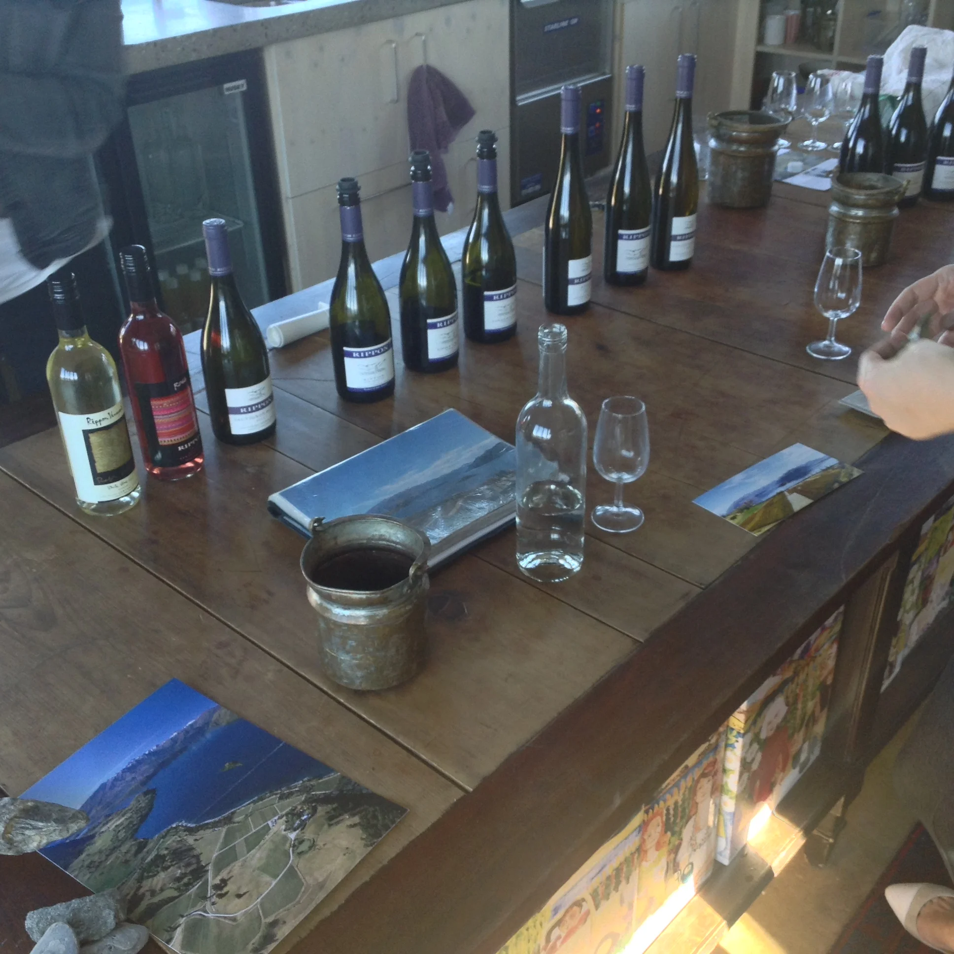 The range of wines available for tasting, with small metal buckets as spitoons!