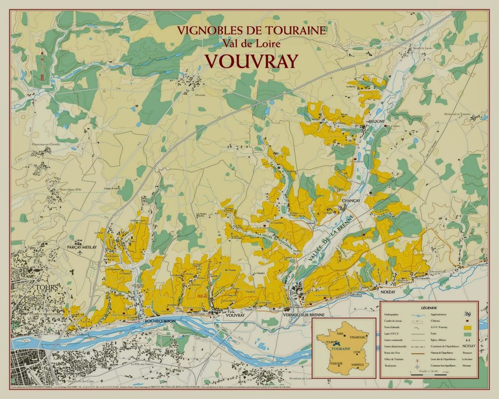 The appellation of Vouvray, East of the city of Tours