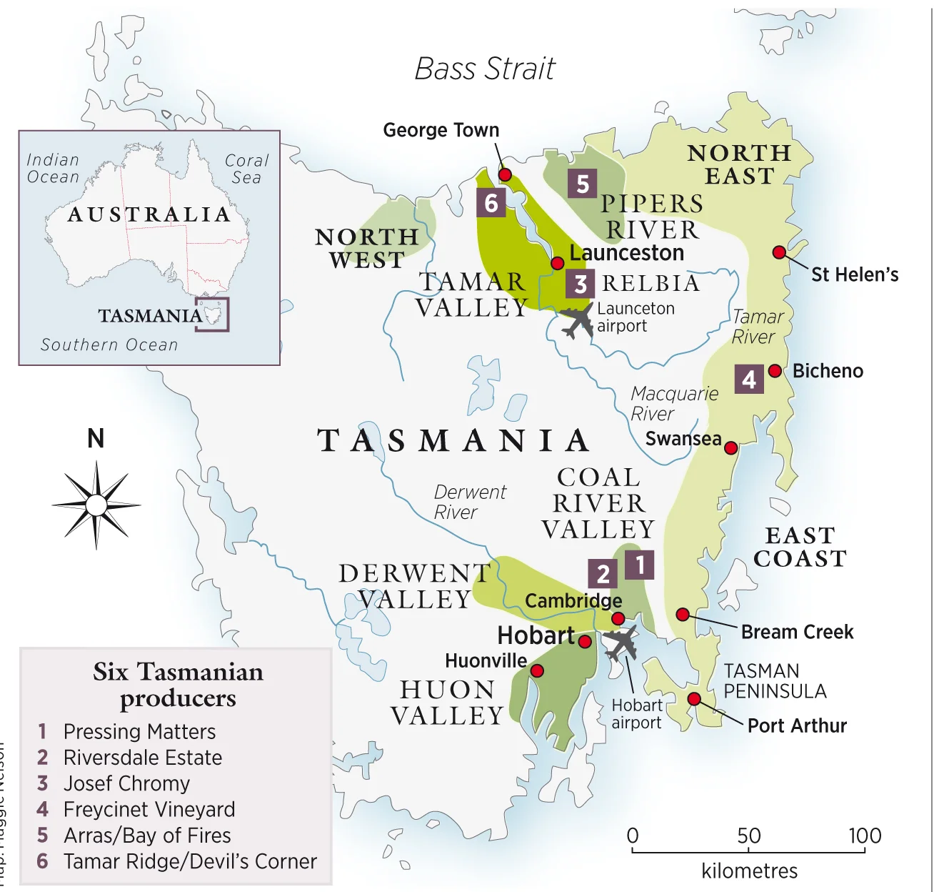 An indicative map of Tasmanian wine regions. Map credit: Decanter