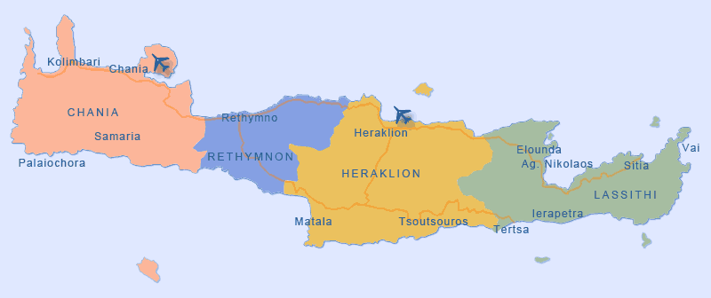 The four main administrative districts of Crete, with the bulk of the vineyards being found in the Heraklion and Lassithi regions.