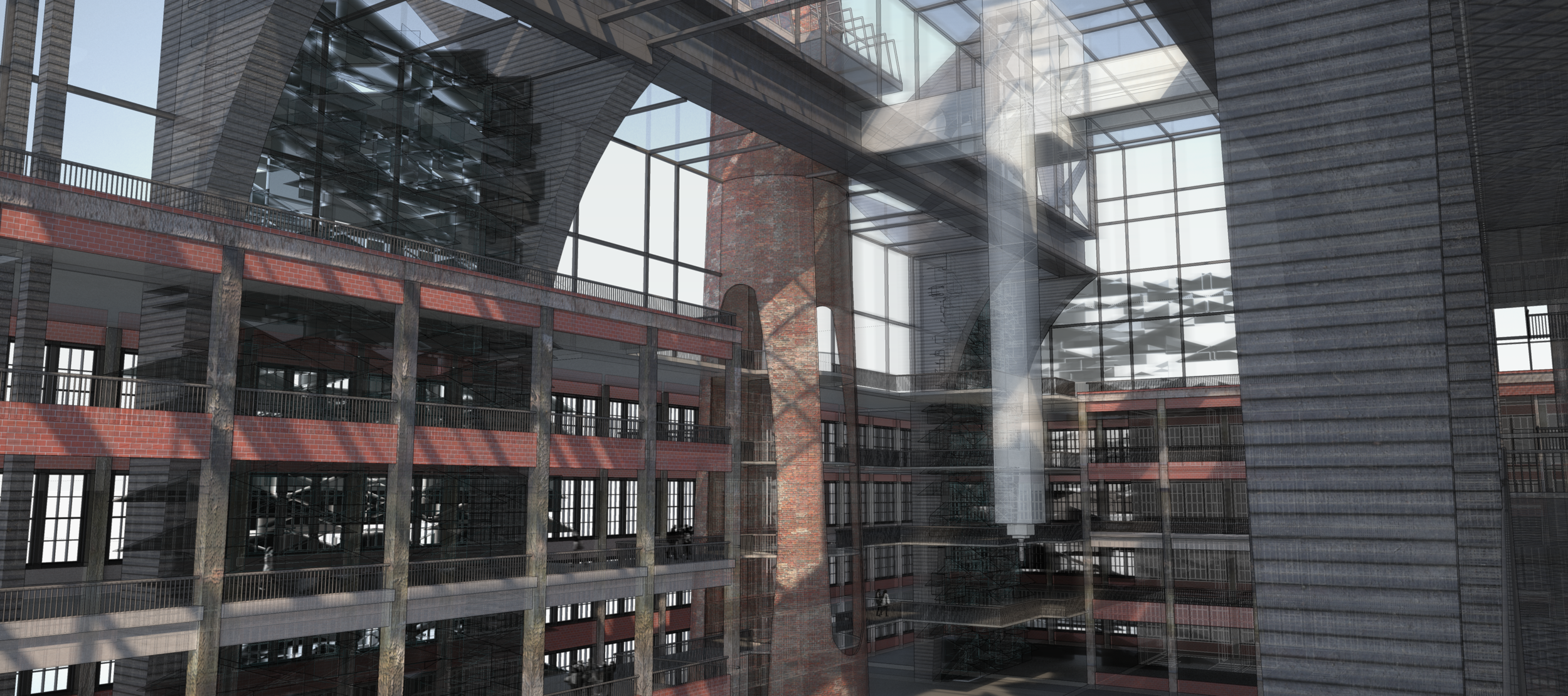 3D Printing Factory From this vantage point, Albert Kahn’s repetitive banks of industrial wasteland come into focus as they are superimposed by 3D-printed architecture that simultaneously mimics and critiques its surroundings.
