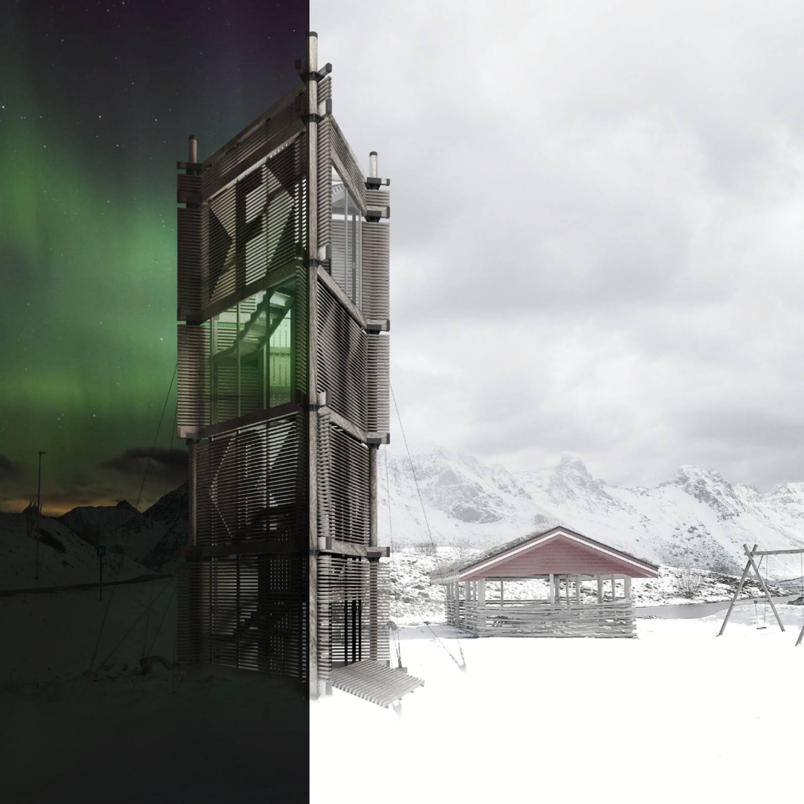 Suggested by the Flakstad municipality, Draugen functions as the gateway to the southernmost portion of Lofoten. The wayfinding tower will join existing programs such as picnic shelters, toilets, parking, and trash disposal to complete the identity of the site as a rest and information stop.