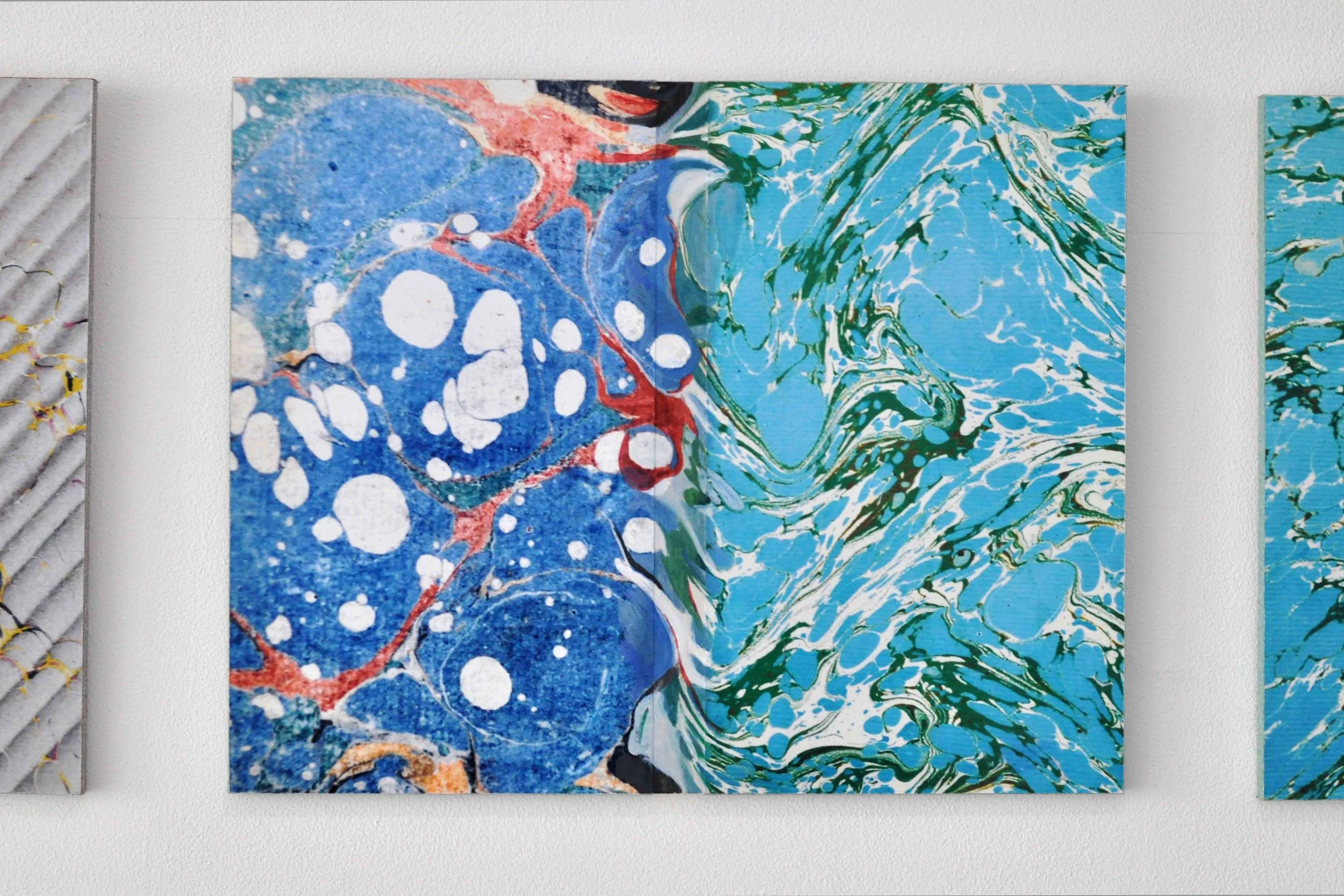 Ecritures , 2015, c-print, oil paint, sand paper on wood, series of 7 34 x 27 x 1 cm (detail)