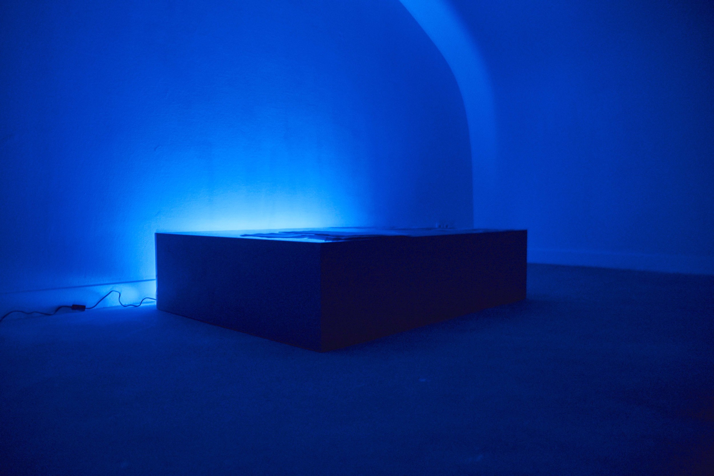   Chateaubriand's Night , 2015 wooden pedestal, sound, texts, painting, fluo, filters 145 x 110 x 35 cm   photo by Claire Désérable     