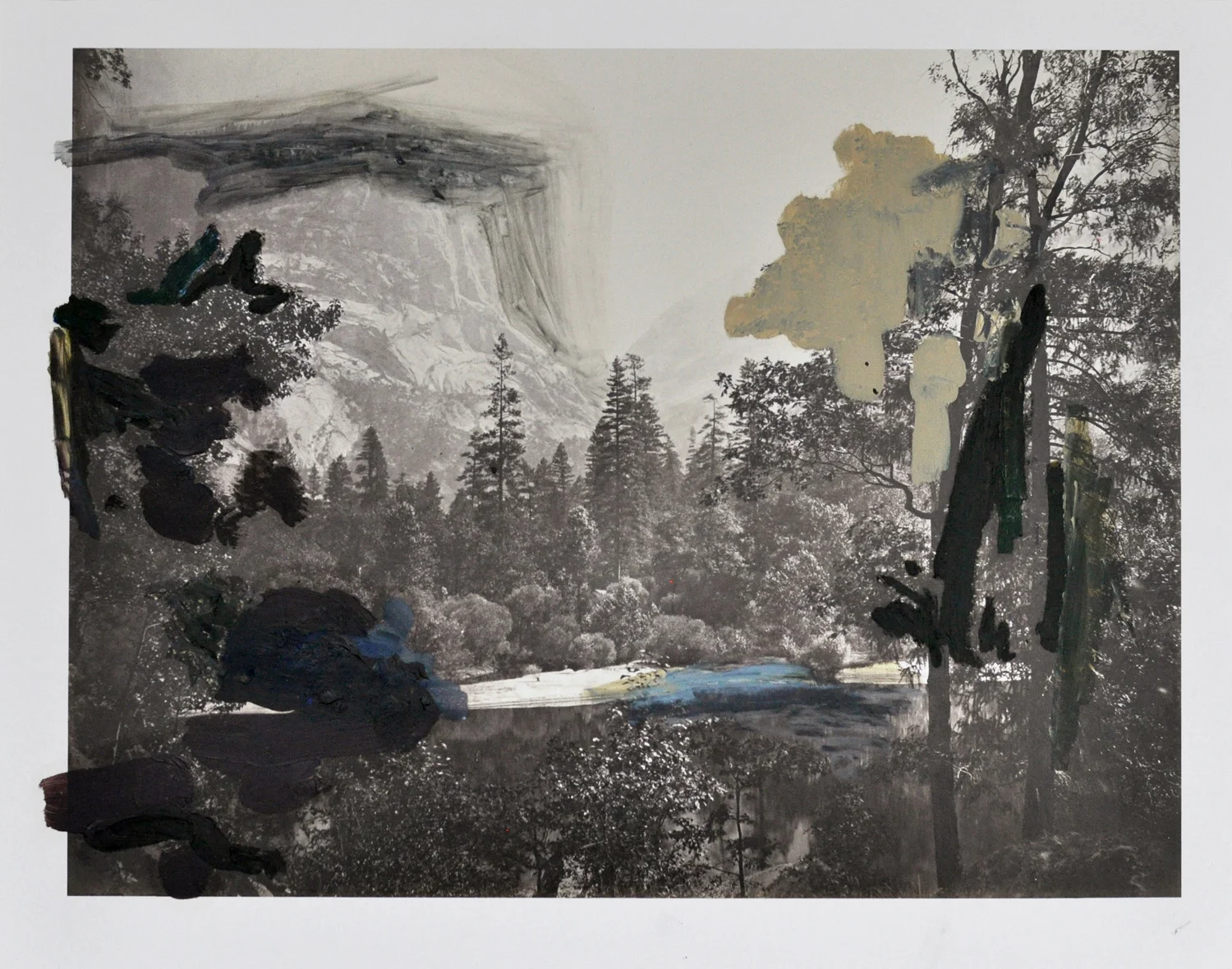   Over Watkins ,  The Lake Bank , 2015 after Carleton E. Watkins ‘The Lake Bank, Yosemite’, 1861 oil, gouache, graphite, ink on print 28 x 35 cm   private collection  