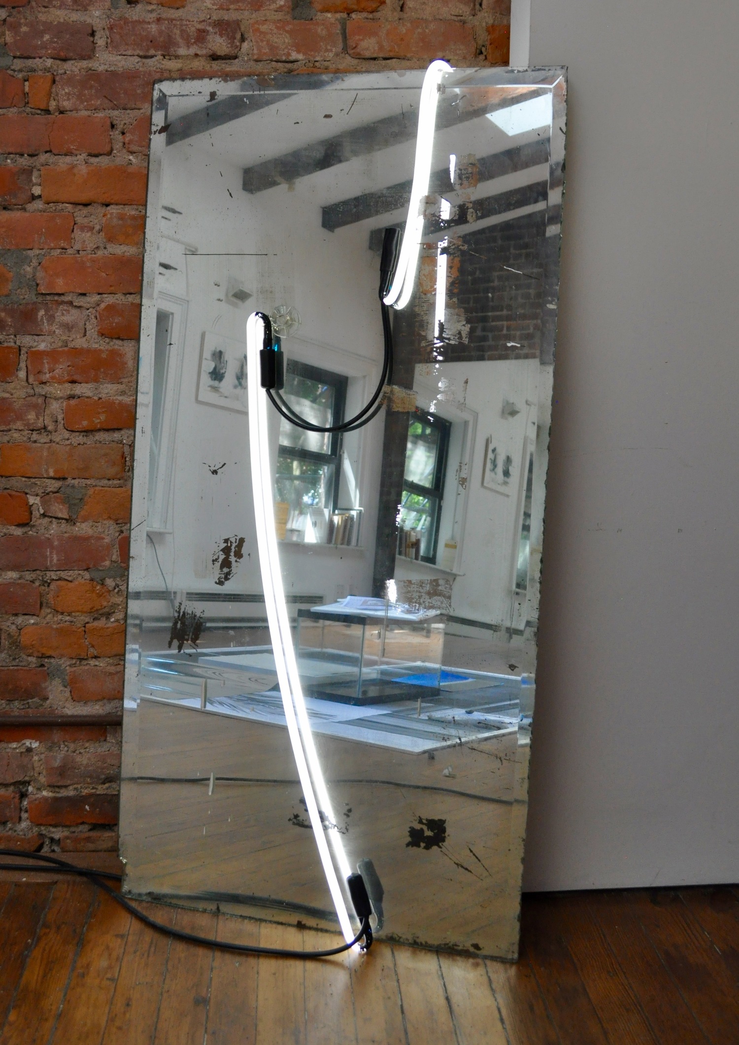 Mirror Piece , vintage mirror, neons, electrical cables, suction cup, 122 x 61 cm, 2016