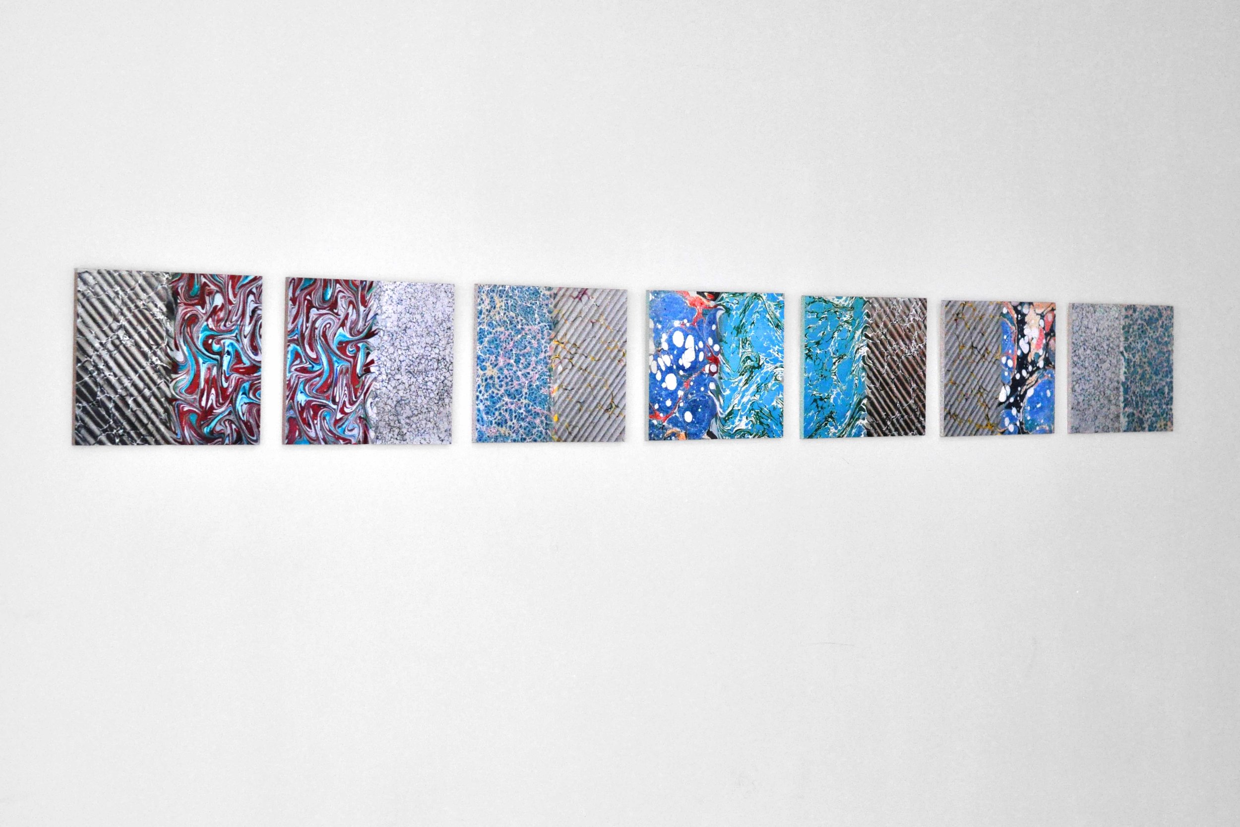 Ecritures (Essai, Atala, Génie, Génie, Voyage, Mémoires, Mémoires) (2015) oil, inkjet print, sand paper on wood, series of 7 34 x 27 cm (10 5/8 x 13 3/8 in) installation view, Le Huit, Paris, 2015
