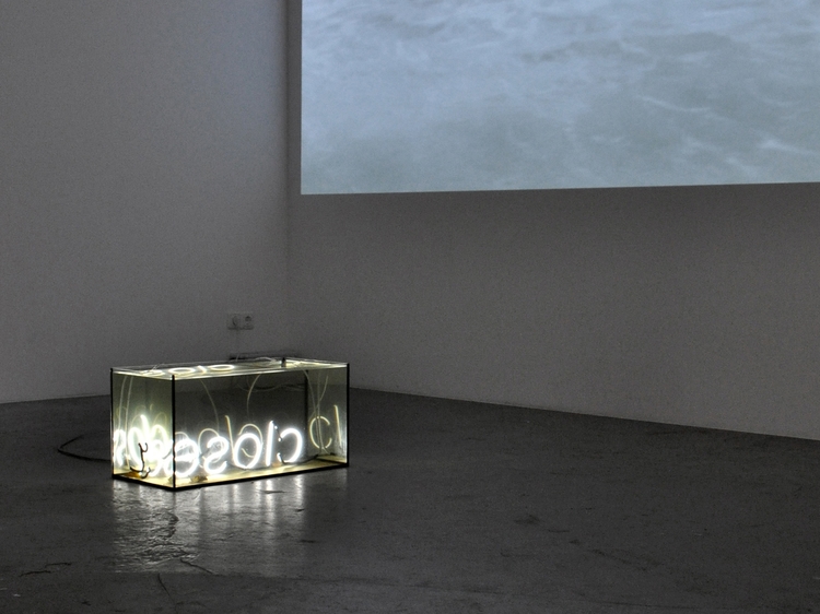 Closer , 2013 underwater neon sculpture, neon, glass, water and leaves from the river Spree 60 x 30 x 30 cm installation views, Studio Jeppe Hein, Berlin, 2013