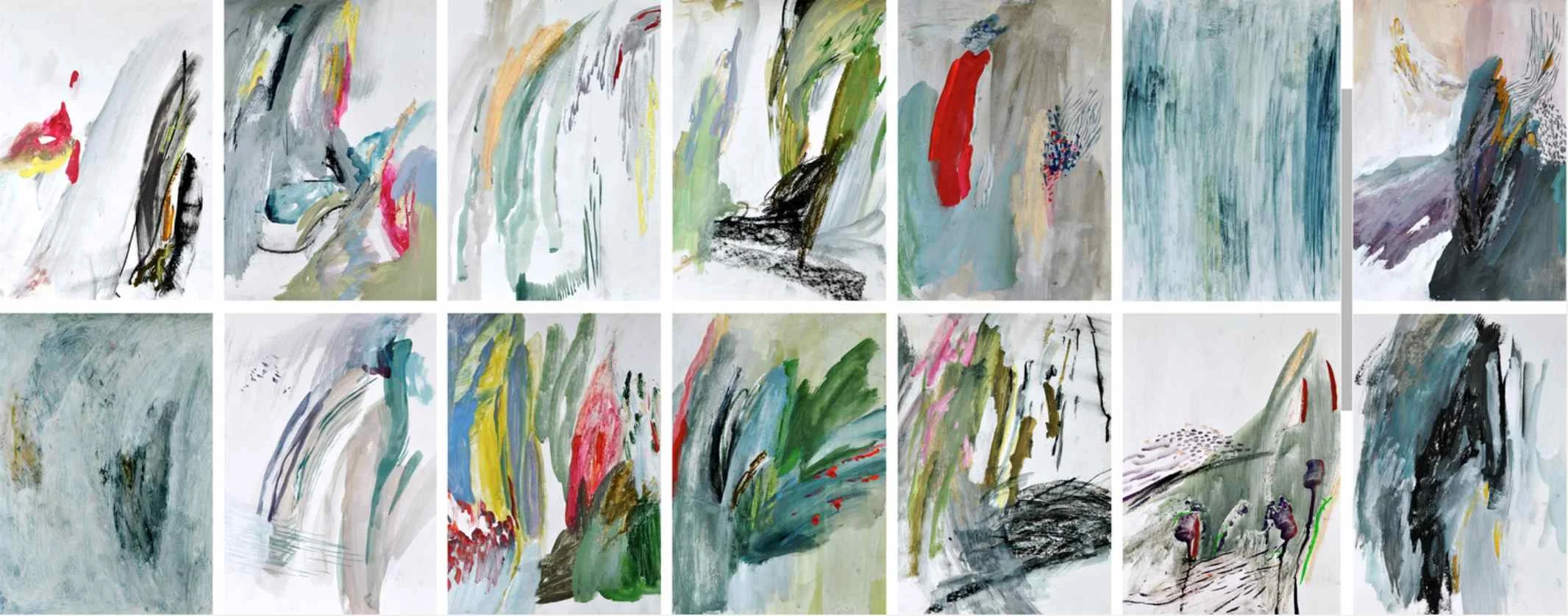 Memories (blue) , 2012 gouache, acrylic, oil paint, oil pastel on paper, series of 14 35 x 45 cm each