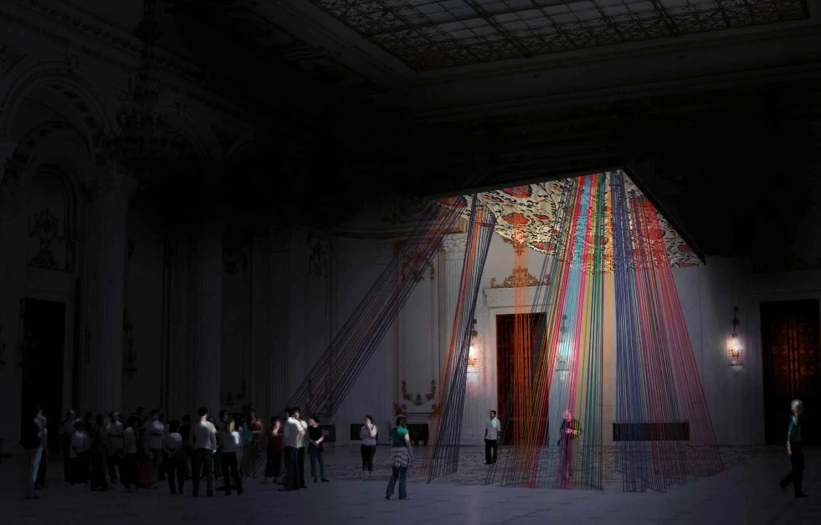 Teodolinda (2010-11) site-specific installation fabric, thread, wood dimensions variable renderings and models