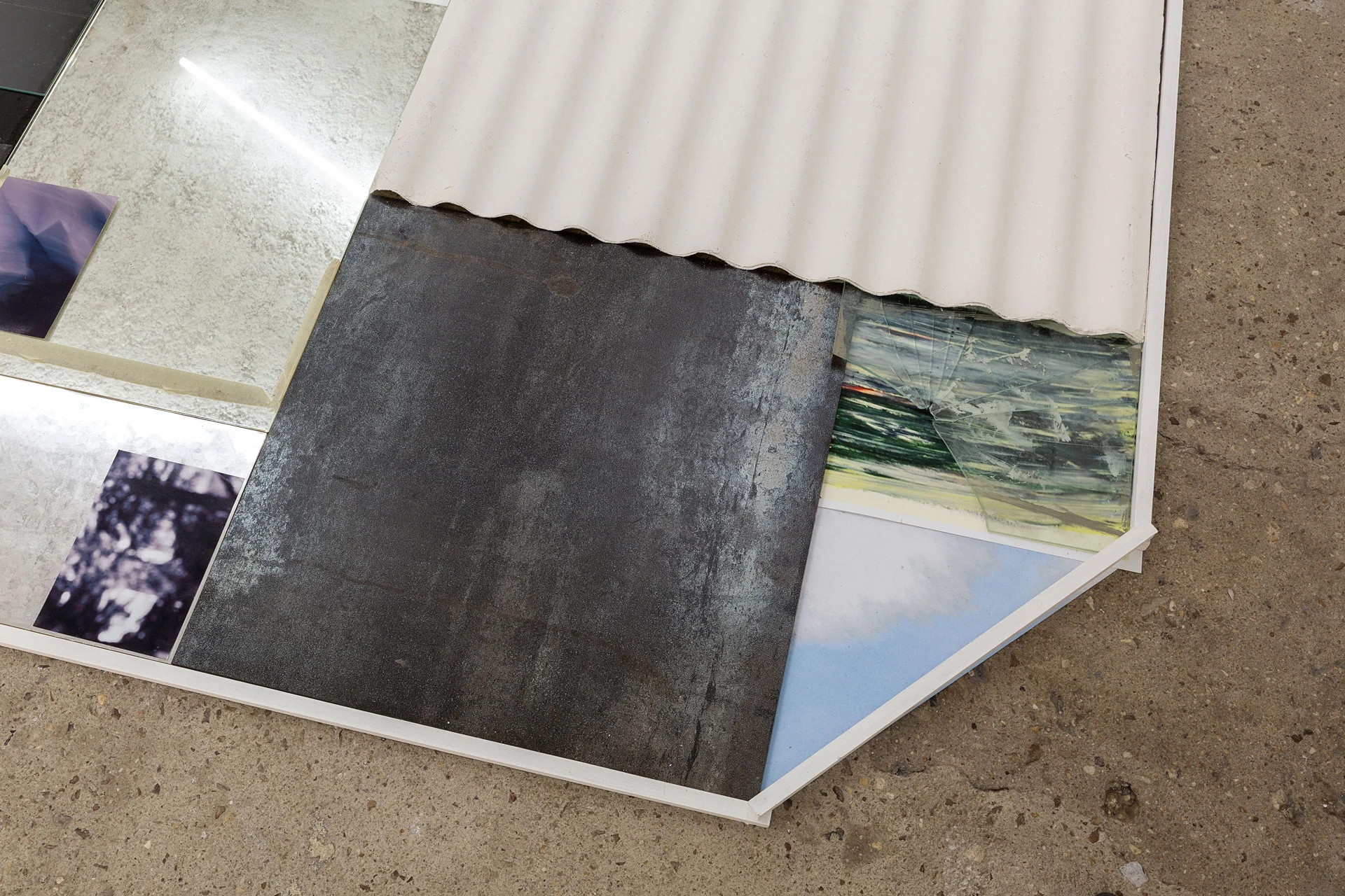 Home grown garden 3 , 2017 plaster, glass, inkjet prints, c-print, stones, slates, mirrors, polystyrene choc, wood, charcoal, aluminum dimensions variable (detail) photo © Romain Darnaud