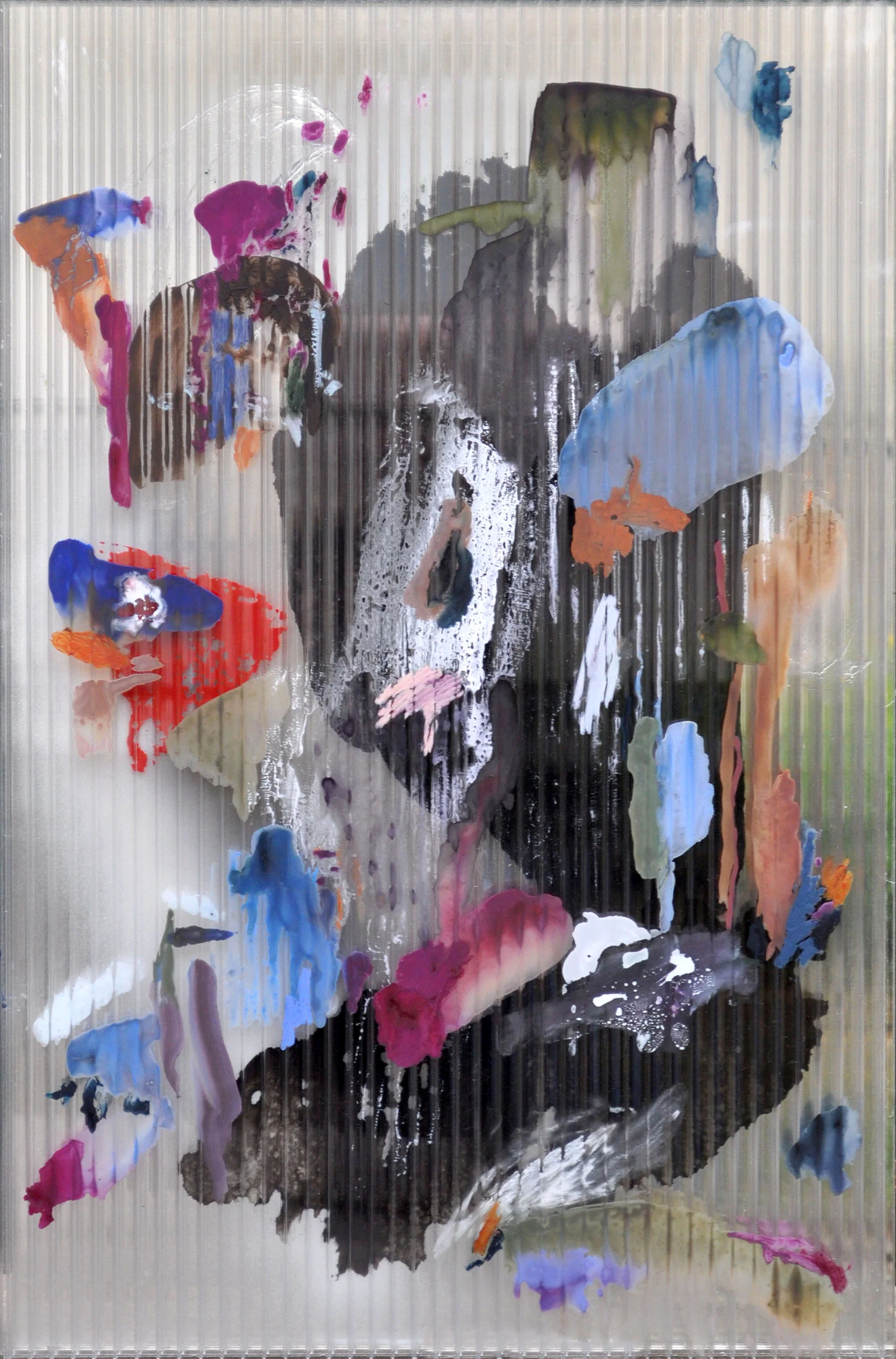 Chaos 1 , 2017 gouache, ink, acrylic, oil, mastic on polycarbonate, mirror, aluminium frame 67 x 44,5 x 2,5 cm