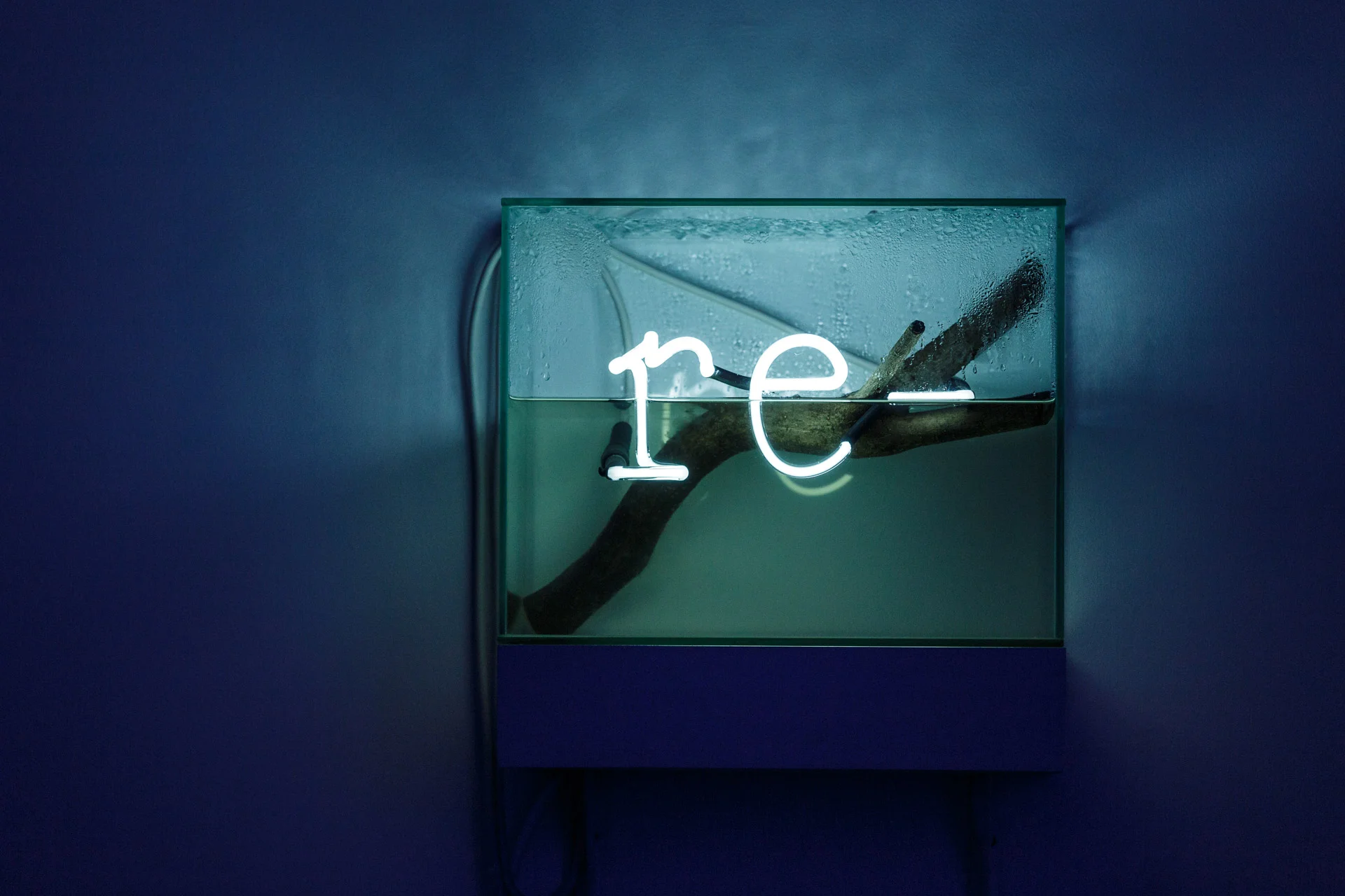 re -, 2015-16 neon, water, glass, wood 34 x 27 x 20 cm installation view, Nuits Américaines , Maison de Chateaubriand, Châtenay-Malabry, 2017-2018 photo : Alexandre Lebrun