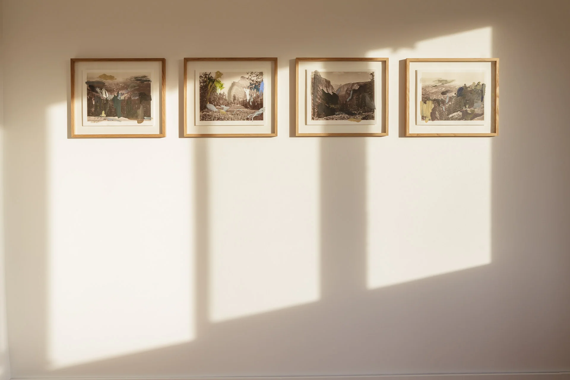 Over Watkins , 2015 After Carleton Watkins oil, ink, gouache, graphite on print 28 x 35 cm each / oak wooden frame : 39 x 46 x 2,5 cm each Golden Watkins , 2016 After Carleton Watkins oil on print 28 x 35 cm / oak wooden frame : 39 x 46 x 2,5 cm installation view, Nuits Américaines , Maison de Chateaubriand, Châtenay-Malabry, 2017-2018 photo : Alexandre Lebrun