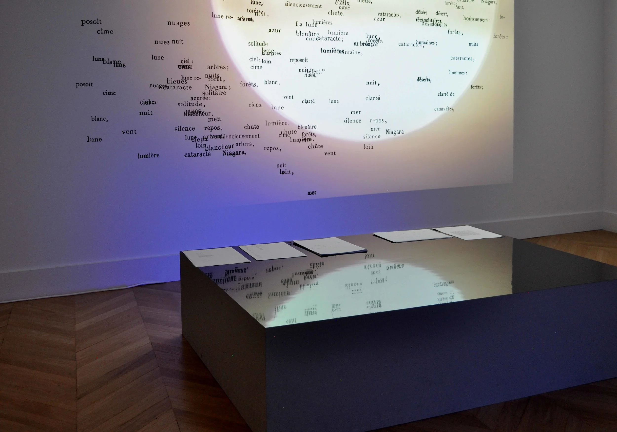 La Nuit de Chateaubriand II , 2017 wooden pedestal, fluorescent tubes, filters, partition of words, video, sound, loop 18min (organ Adam Bernadac) on the pedestal: printed texts, documents dimensions variable installation view, Nuits Américaines , Maison de Chateaubriand, Châtenay-Malabry, 2017-2018