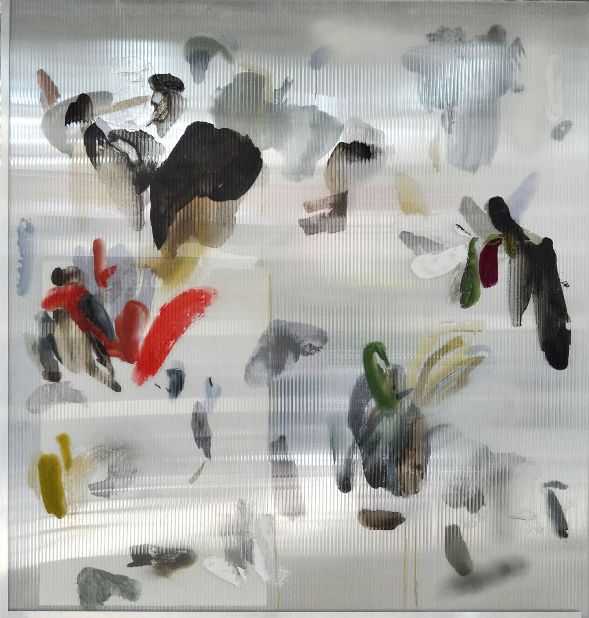 Room without a view 2 , 2017 gouache, ink, acrylic, oil, paper, mastic on polycarbonate, two-way mirror, aluminium frame 180 x 170 x 2 cm