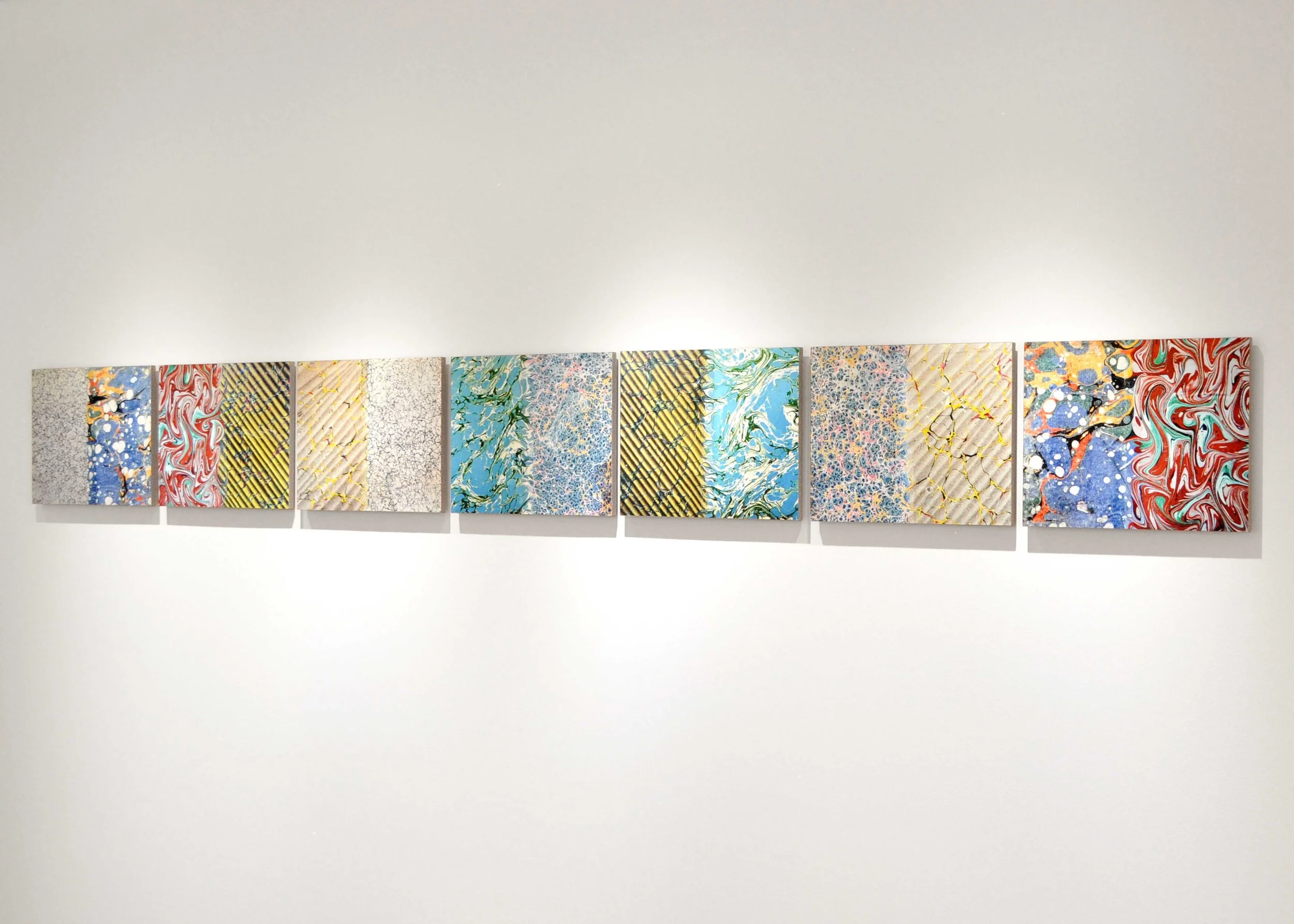 Ecritures (Essai, Atala, Génie, Génie, Voyage, Mémoires, Mémoires) , 2017 oil on fine art print, mounted on wood, sand paper series of 7 34 x 27 cm each (10 5/8 x 13 3/8 in) installation view, Nuits Américaines , Maison de Chateaubriand, Châtenay-Malabry, 2017