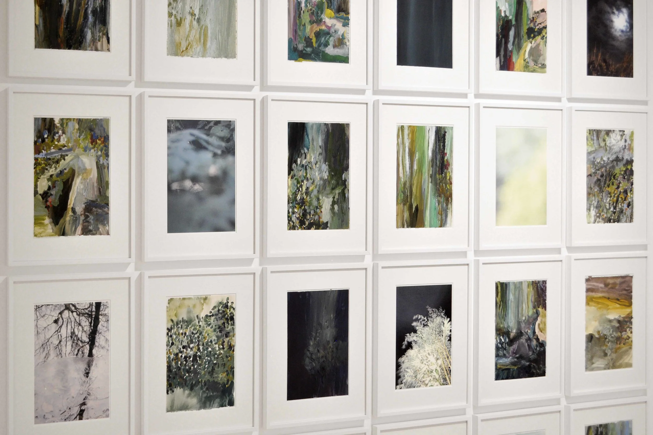 Falls , 2014 series of paintings and photographs oil and gouache on paper ; impressions on paper 21 x 29,7 cm each installation view, ' Nuits Américaines ', Maison de Chateaubriand, Châtenay-Malabry, 2017