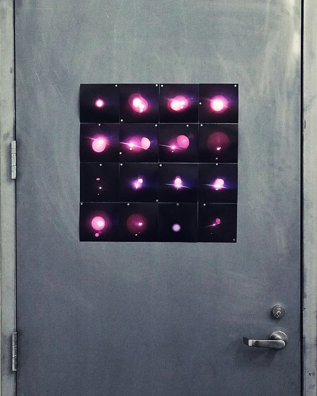   Soleil de Garance , 2019  print on metallic paper, magnets dimensions variable, here 50 x 50 cm  Series «&nbsp; Work For A Metallic Door  » 