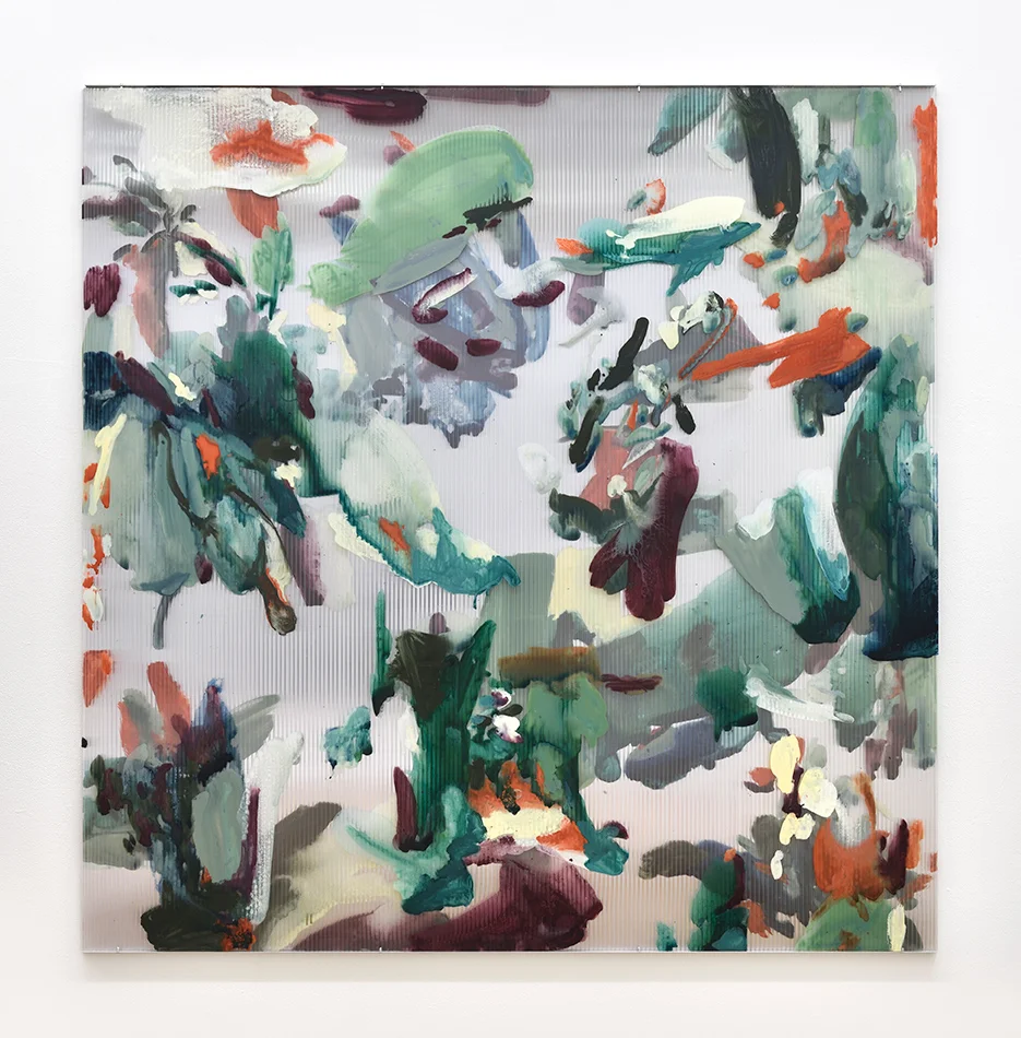 Untitled (Veranda), 2016-2019 gouache, ink, oil on polycarbonate, acrylic mirror 120 x 120 cm © Rebecca Fanuele private collection