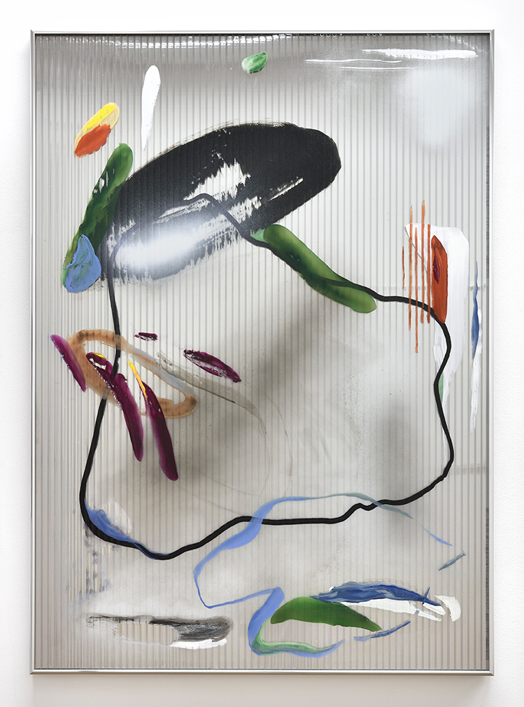   Untitled (Ring) I,  2018 gouache, ink, marker, oil, aérosol on polycarbonate, two-way mirror 105 x 75 cm  © Rebecca Fanuele 