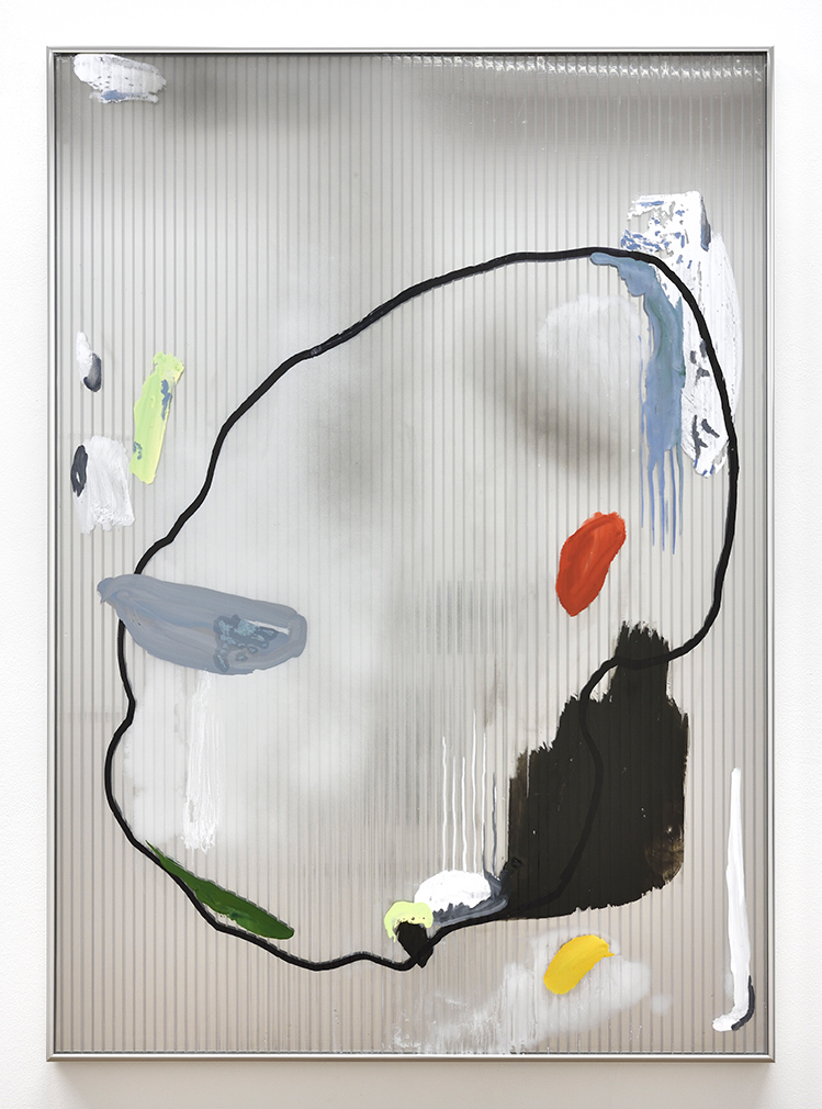   Untitled (Ring) II,  2018 gouache, ink, marker, oil, aérosol on polycarbonate, two-way mirror 105 x 75 cm  © Rebecca Fanuele 