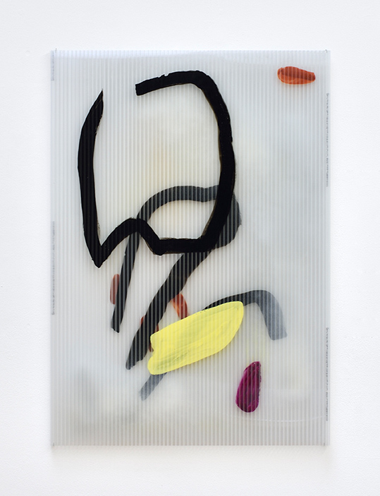   Yellow Streak,  2018 gouache, ink, solvent on polycarbonate 105 x 75 cm  © Rebecca Fanuele 