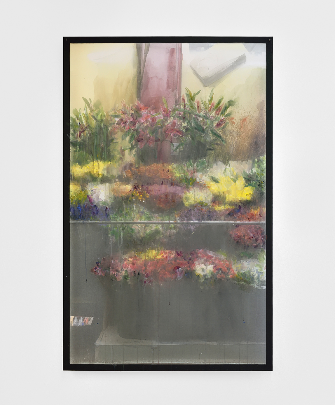   Deli Window I,  2019 gouache and watercolour on printed veil, dibond 126,5 x 79 cm  private collection  © Rebecca Fanuele 
