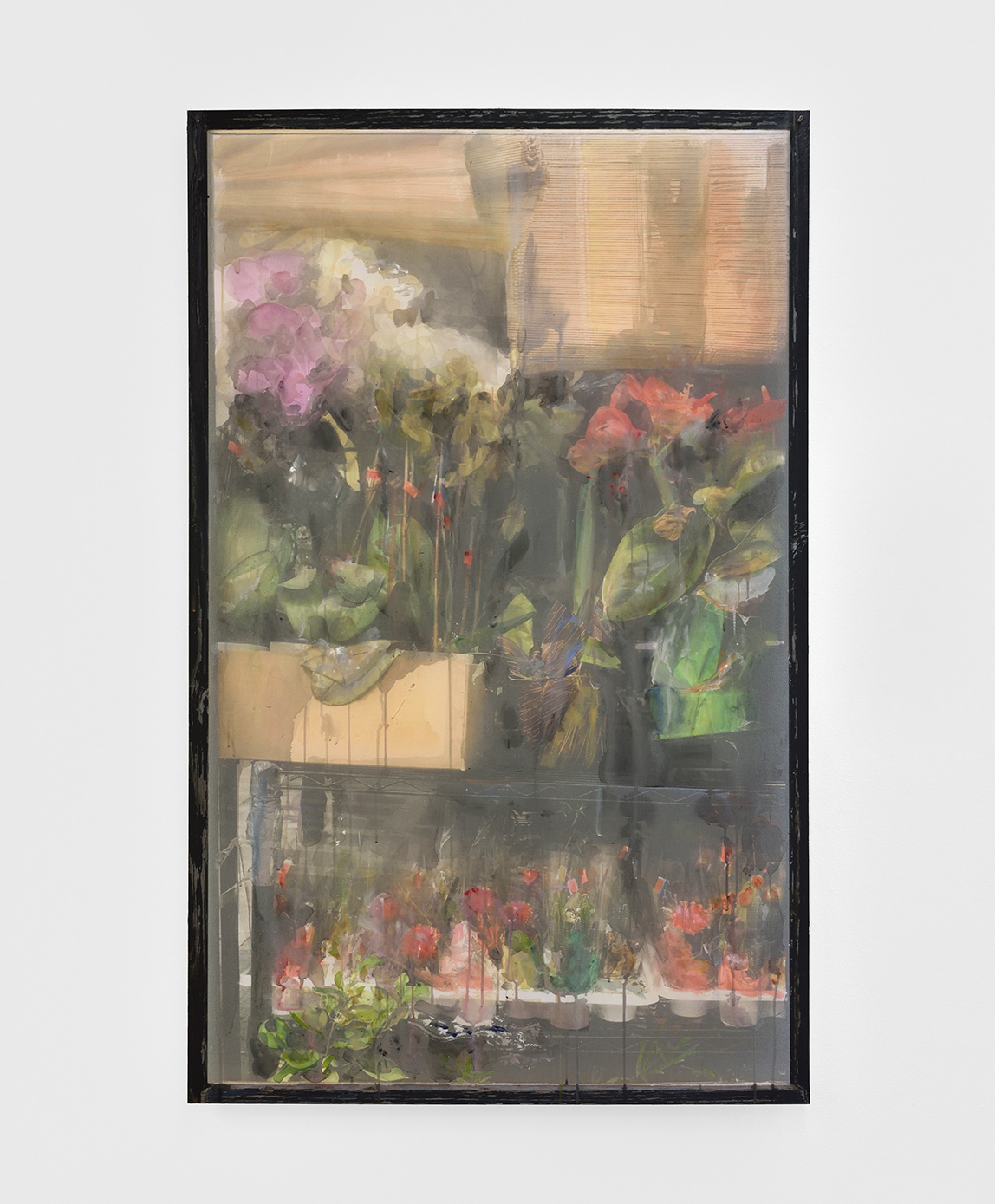  Deli Window II,  2019 gouache and watercolour on printed veil, dibond 126,5 x 79 cm  © Rebecca Fanuele 