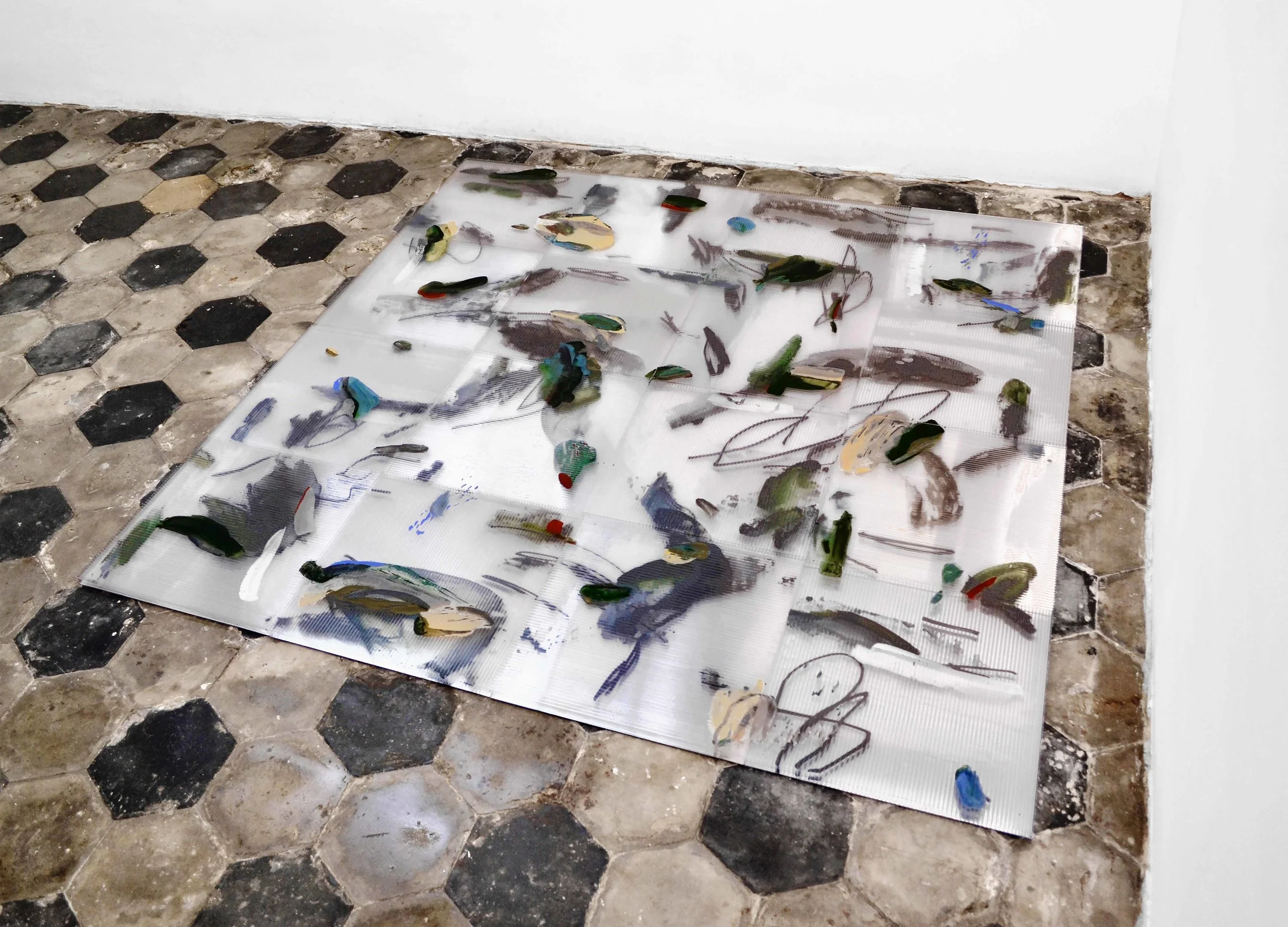 Untitled (Skylight) , 2018 gouache, ink, acrylic, ink, gesso, marker on polycarbonate, acrylic mirror 160 x 160 cm