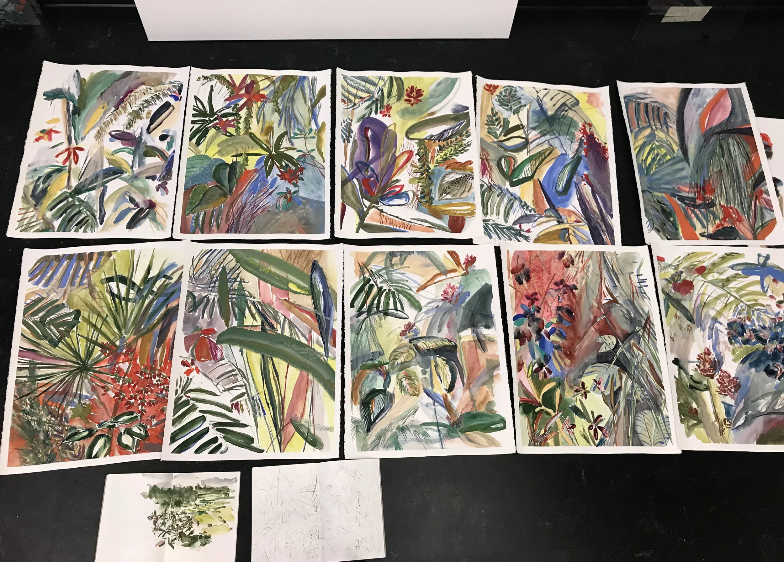 Bali Painting , 2018 gouache, crayons and charcoal on paper 76 x 56 cm ; 30 x 22 in each & notebooks from Bali, 2018 studio view, East Village, New York, 2019