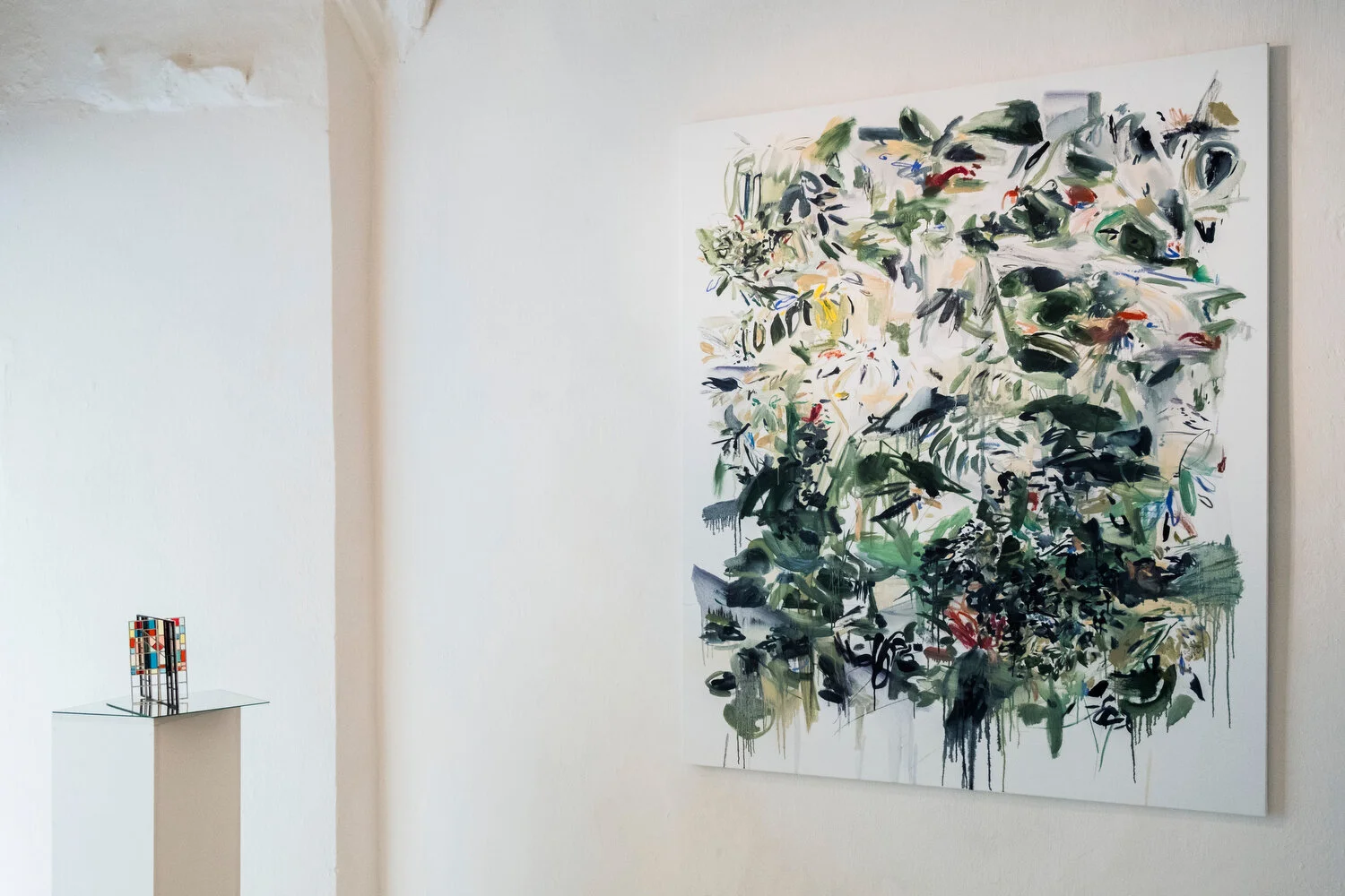   Invisible Green,  2019 oil, colored crayons, charcoal on canvas 180 x 150 cm ; 70 7/8 x 59 in  &amp;   French Window (Stained Glass) , 2019 Multiple (unique) Acrylic, plexiglas, balsa, colored filters 26 x 21 x 12 cm ; 10 1/4 x 8 1/4 x 4 3/4 in  In